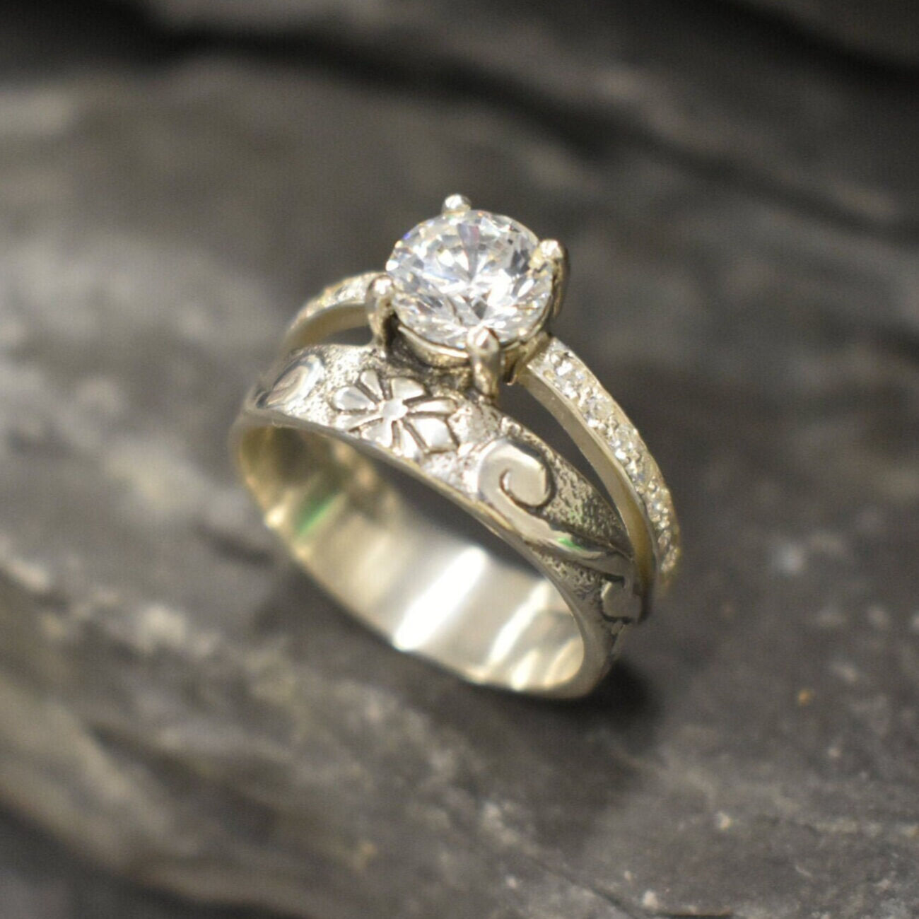 CZ Ring, Created Diamond, Double Band Ring, Diamond Ring, CZ Double Band, Vintage Ring, Sparkly Ring, Wide Band Ring, Solid Silver Ring, CZ