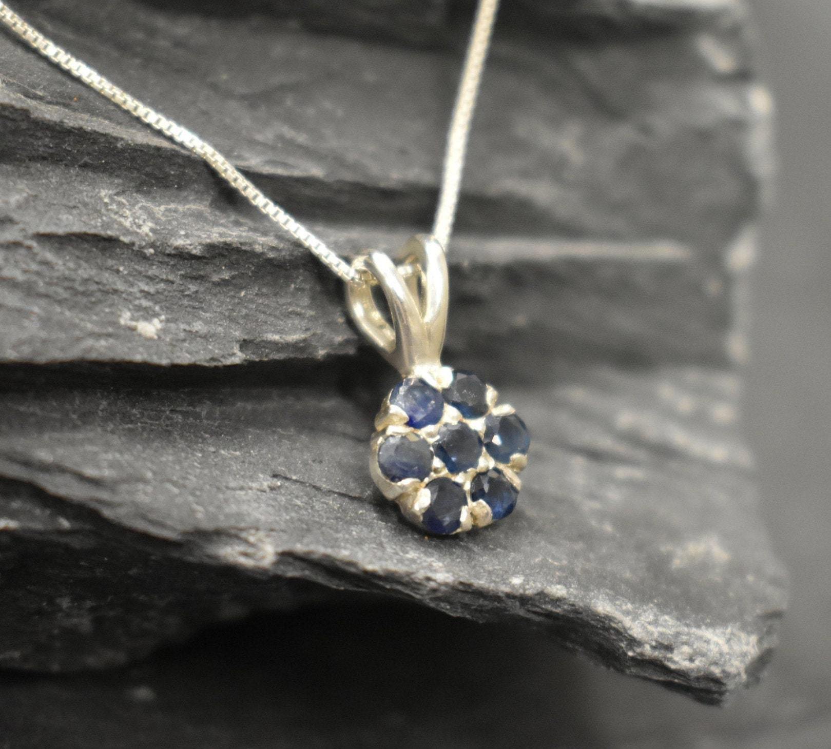 Sapphire Pendant, Natural Sapphire, September Birthstone, Flower Pendant, VintageBlue Pendant, Blue Flower Pendant, Solid Silver Pendant