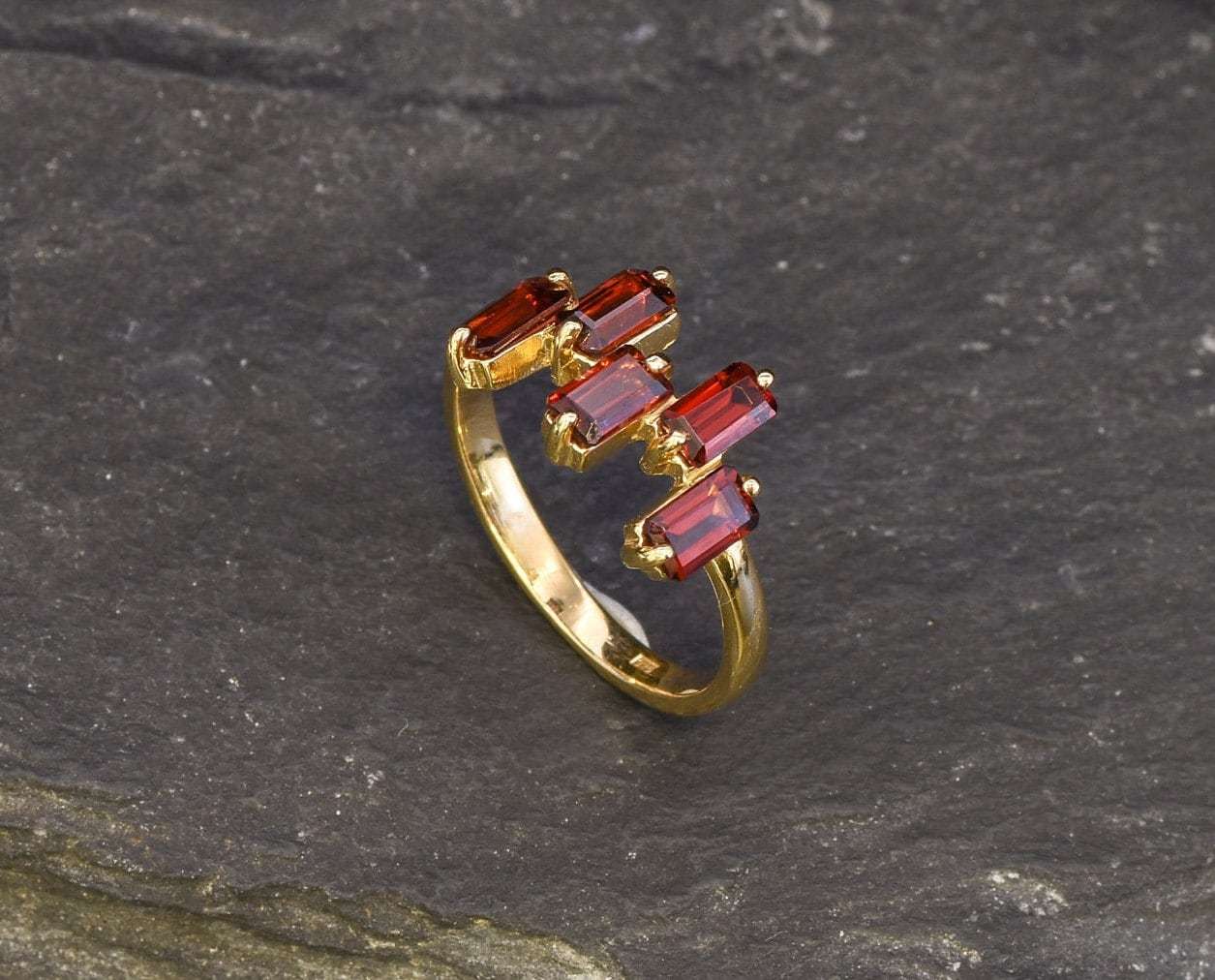 Gold Garnet Ring, Natural Garnet, January Birthstone, Gold Baguette Ring, Gold Dainty Ring, Half Eternity Ring, Garnet Ring, Vermeil Ring
