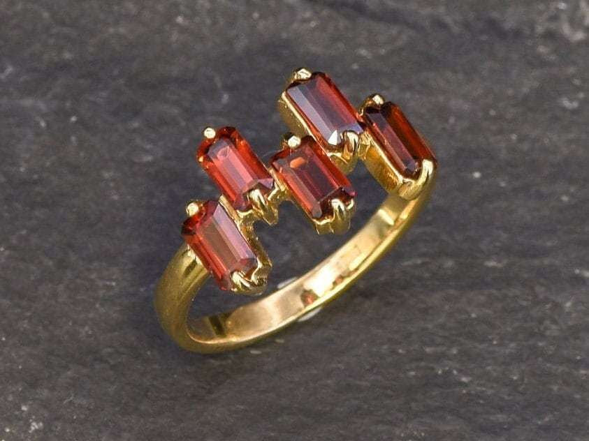 Gold Garnet Ring, Natural Garnet, January Birthstone, Gold Baguette Ring, Gold Dainty Ring, Half Eternity Ring, Garnet Ring, Vermeil Ring