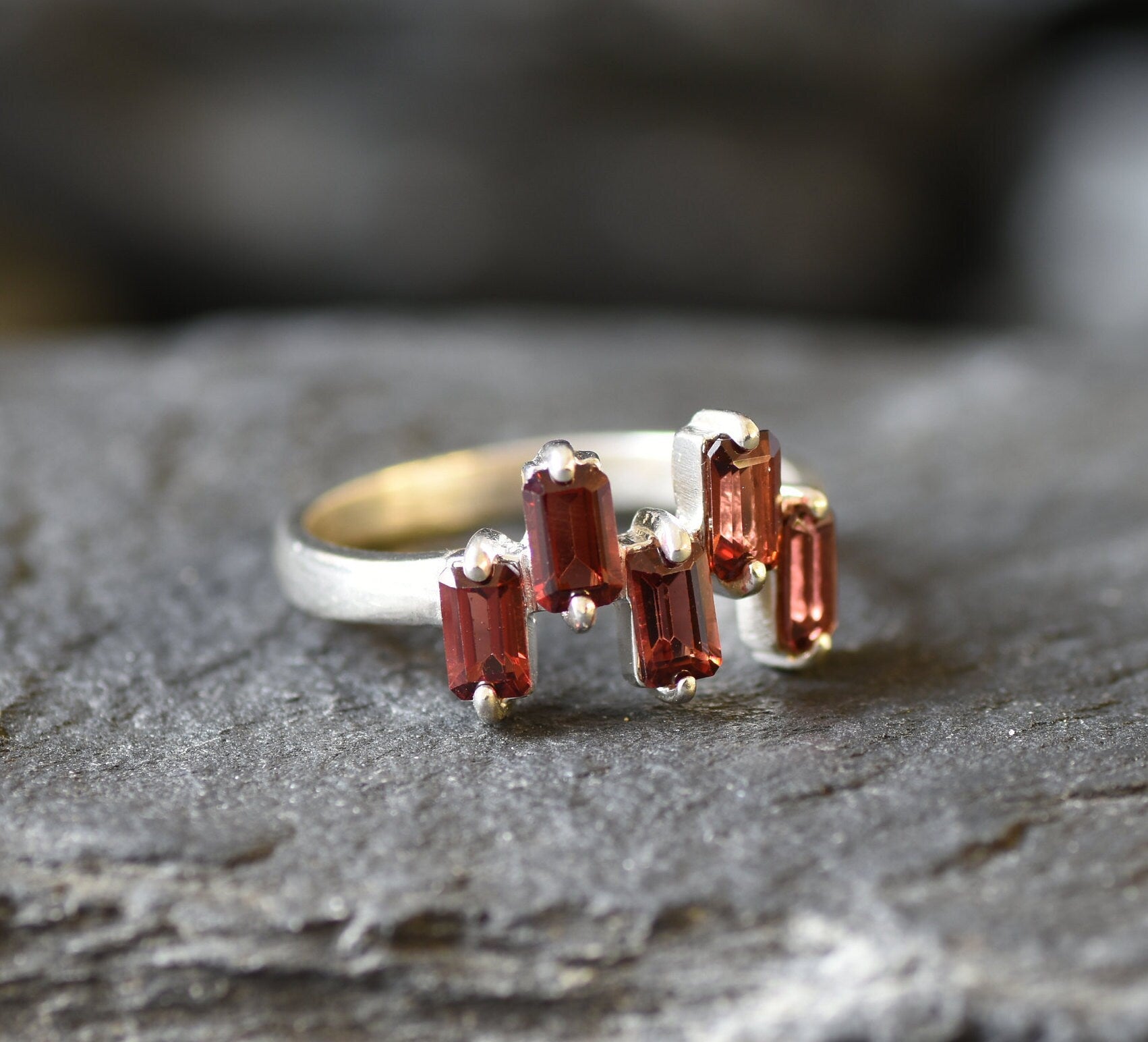 Gold Garnet Ring, Natural Garnet, January Birthstone, Gold Baguette Ring, Gold Dainty Ring, Half Eternity Ring, Garnet Ring, Vermeil Ring(2)