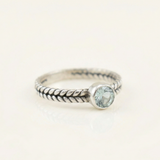 Aquamarine Ring - Round Blue Ring - Silver Rope Band