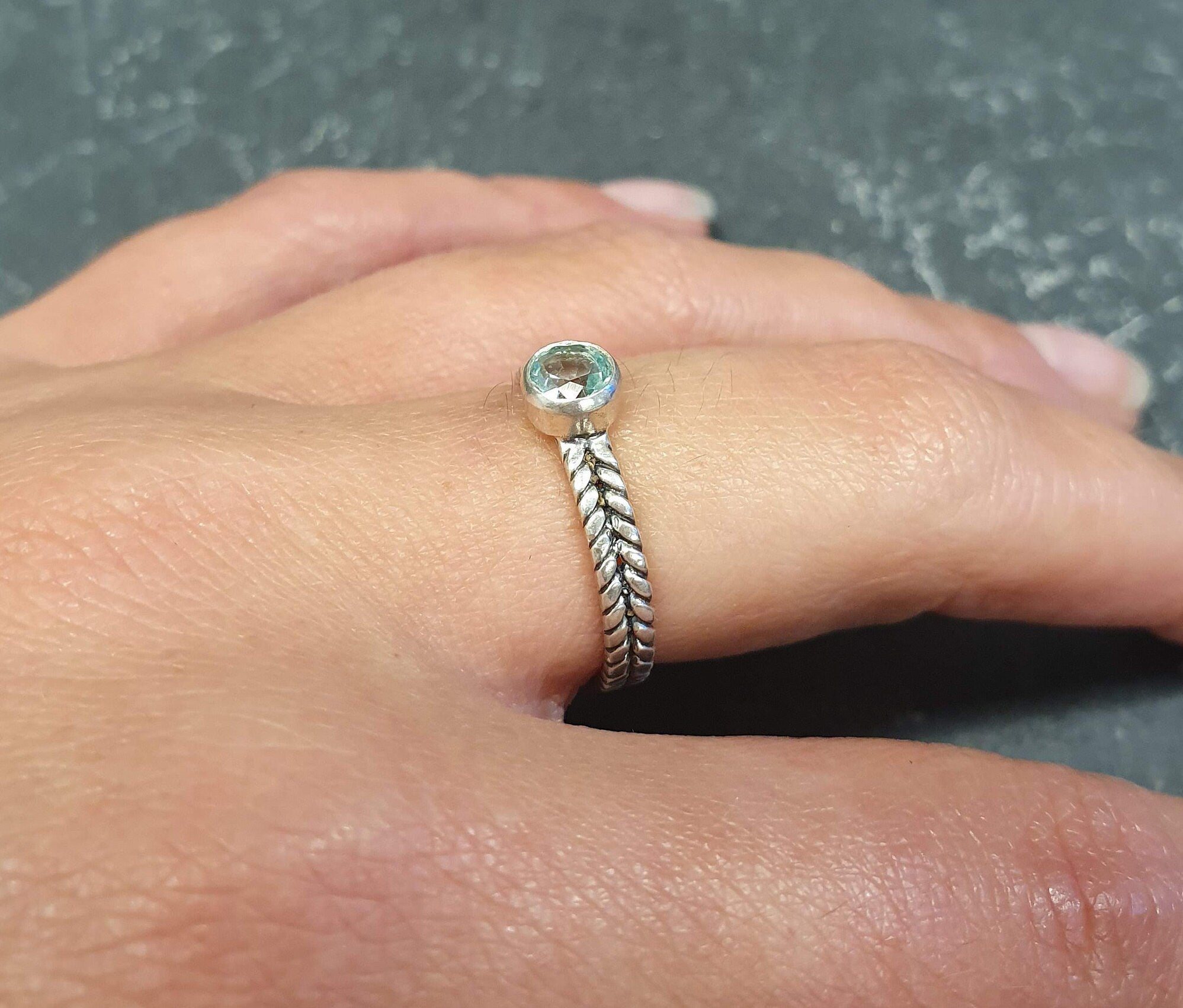 Blue Aquamarine Ring, Aquamrine Ring, Created Aquamarine, Braided Band, Blue Vintage Ring, Aqua Ring, Blue Solitaire Ring, Solid Silver Ring