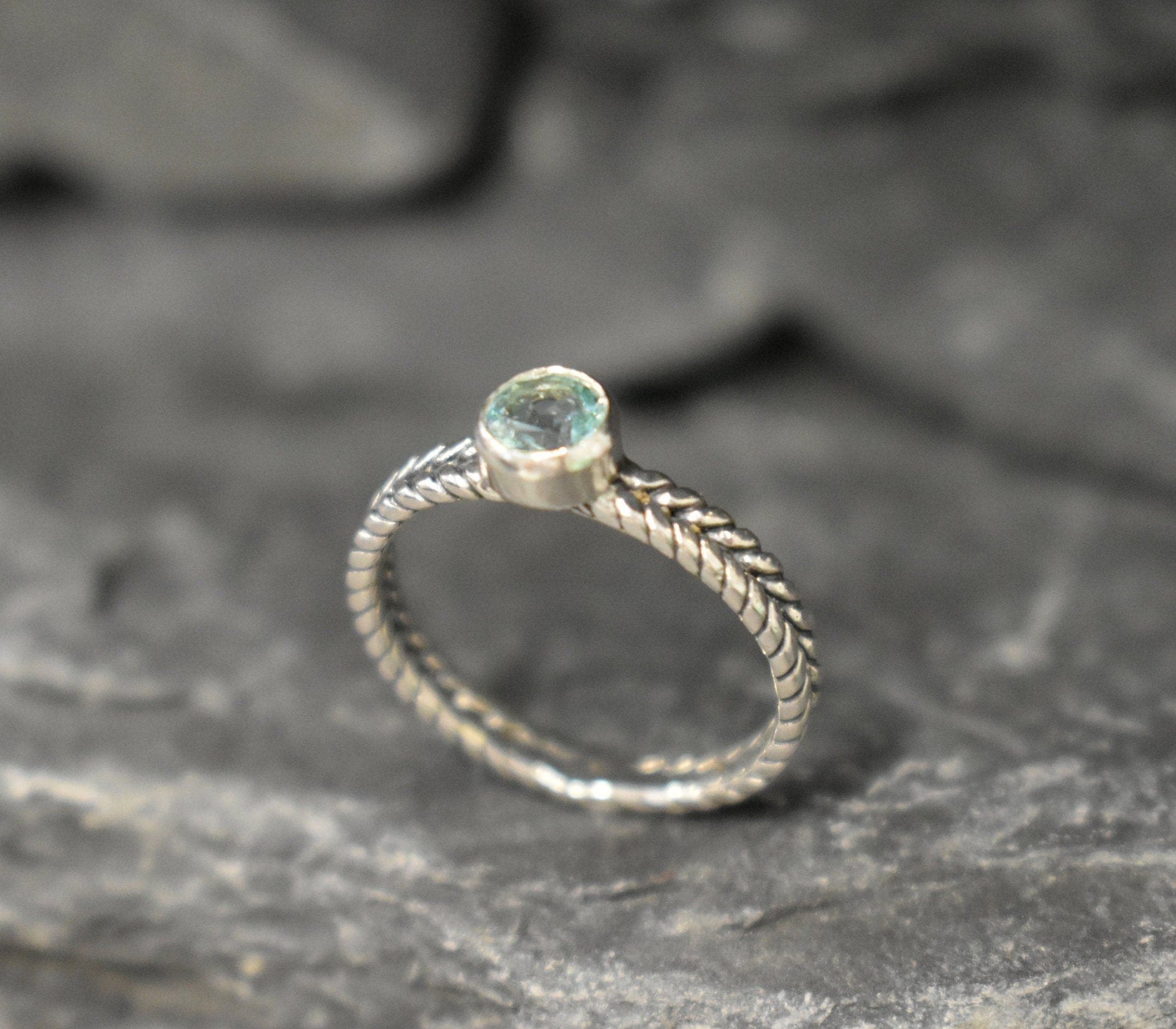 Blue Aquamarine Ring, Aquamrine Ring, Created Aquamarine, Braided Band, Blue Vintage Ring, Aqua Ring, Blue Solitaire Ring, Solid Silver Ring