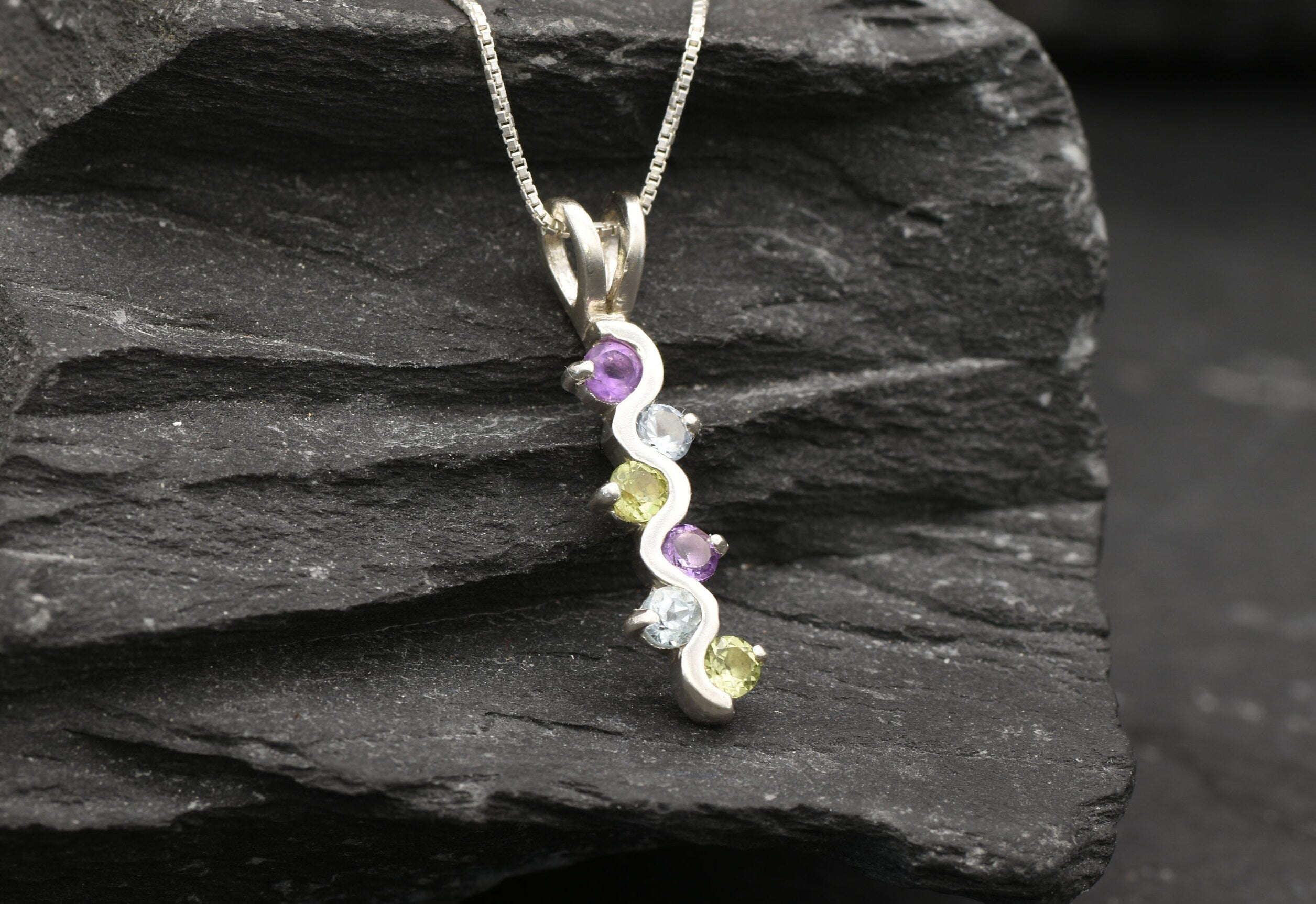 Multistone Pendant, Layering Necklace, Colorful Pendant, Dainty Drop Pendant, Natural Amethyst, Peridot, Blue Topaz, Solid Silver Pendant