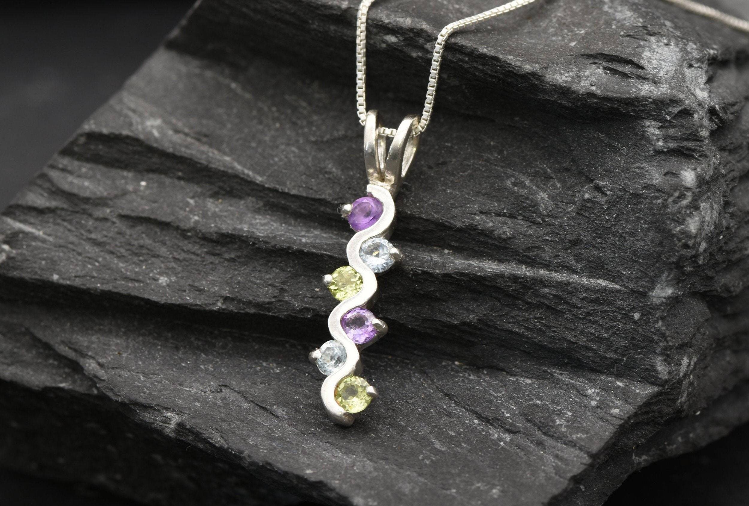 Multistone Pendant, Layering Necklace, Colorful Pendant, Dainty Drop Pendant, Natural Amethyst, Peridot, Blue Topaz, Solid Silver Pendant