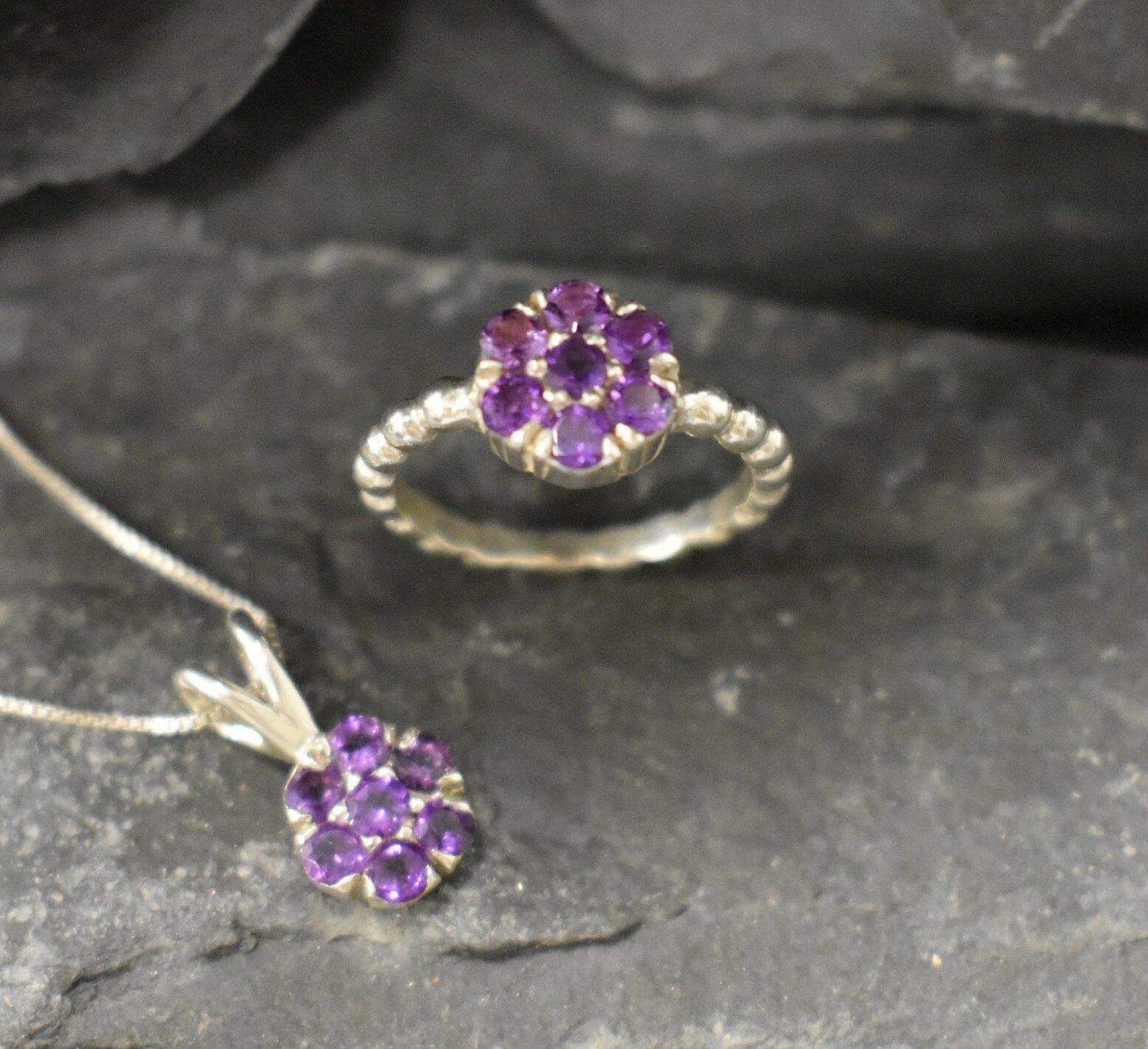 Amethyst Ring, Natural Amethyst, February Birthstone, Silver Flower Ring, VintageRing, Purple Diamond Ring, Flower Ring, Solid Silver Ring