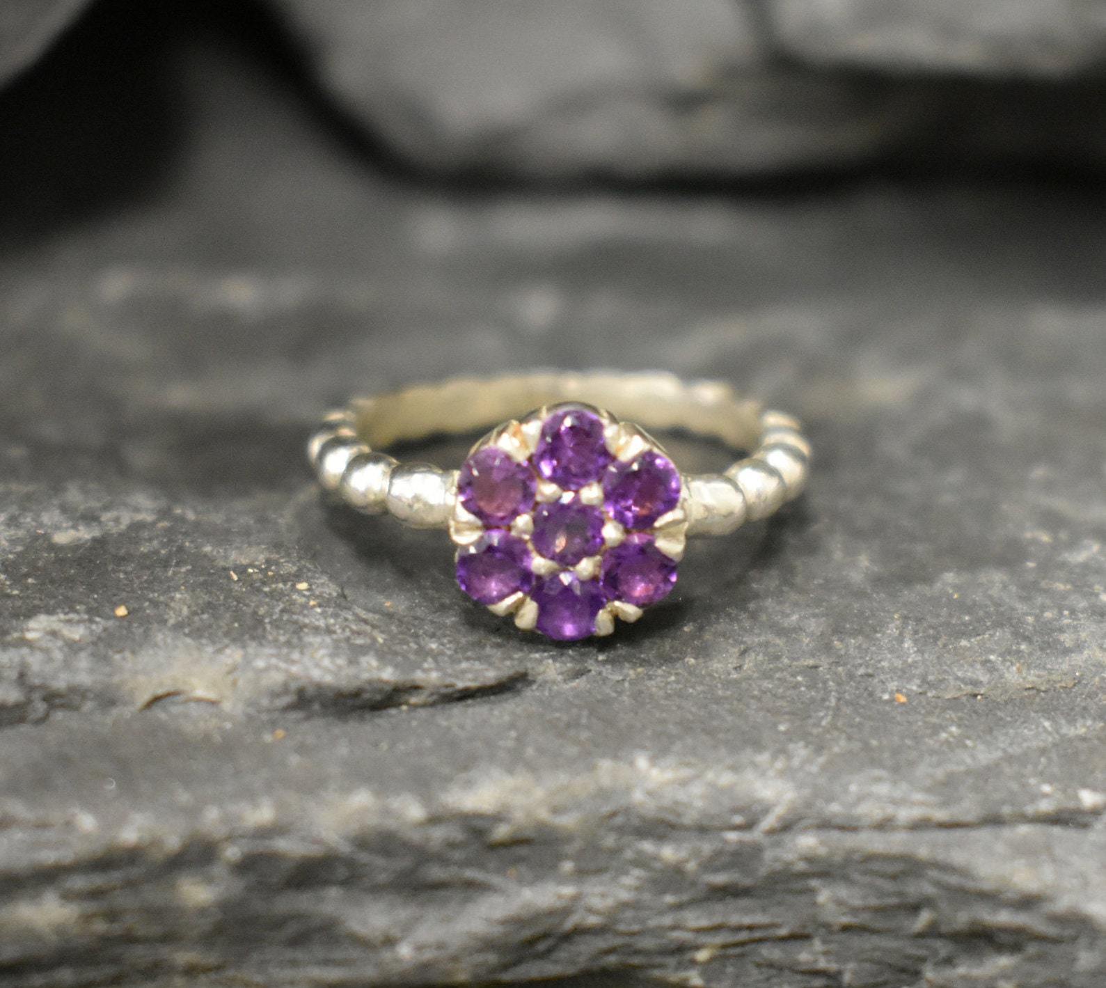 Amethyst Ring, Natural Amethyst, February Birthstone, Silver Flower Ring, VintageRing, Purple Diamond Ring, Flower Ring, Solid Silver Ring