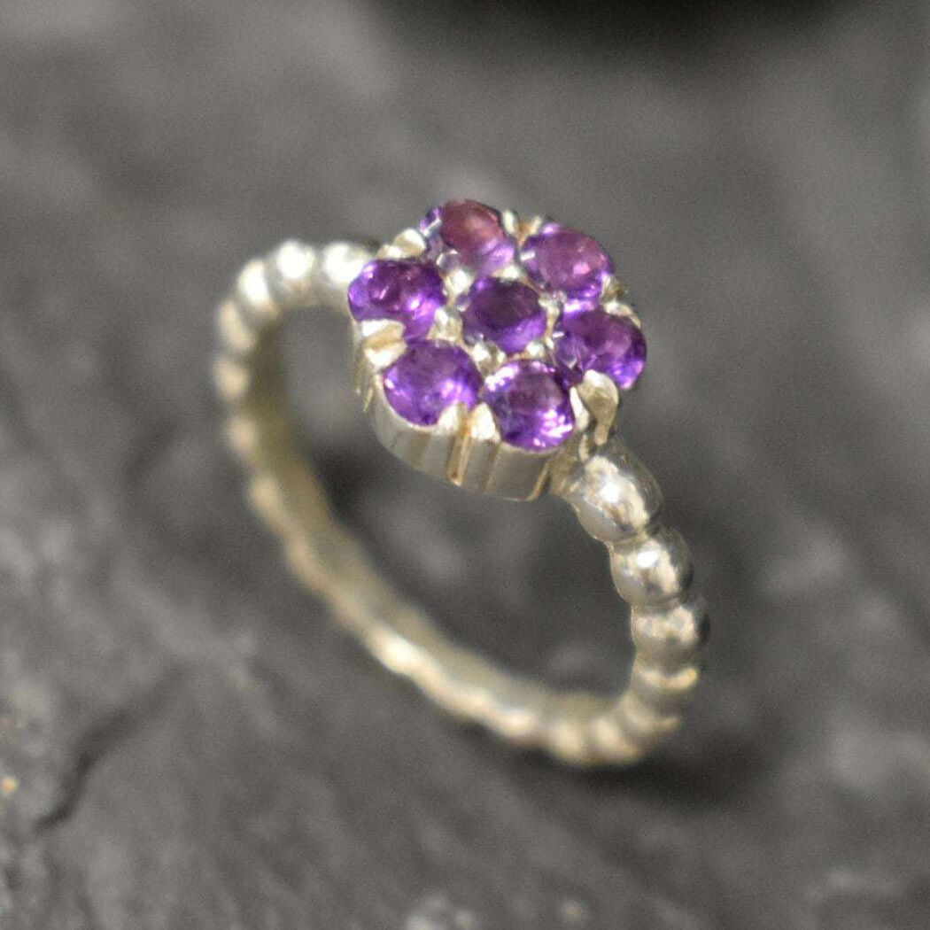 Amethyst Ring, Natural Amethyst, February Birthstone, Silver Flower Ring, VintageRing, Purple Diamond Ring, Flower Ring, Solid Silver Ring