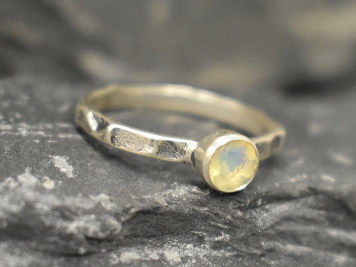 Fire Opal Ring, Precious Ethiopian Opal, Solitaire Ring, October Birthstone, Hammered Band, Dainty Ring, Stackable Ring, Solid Silver Ring