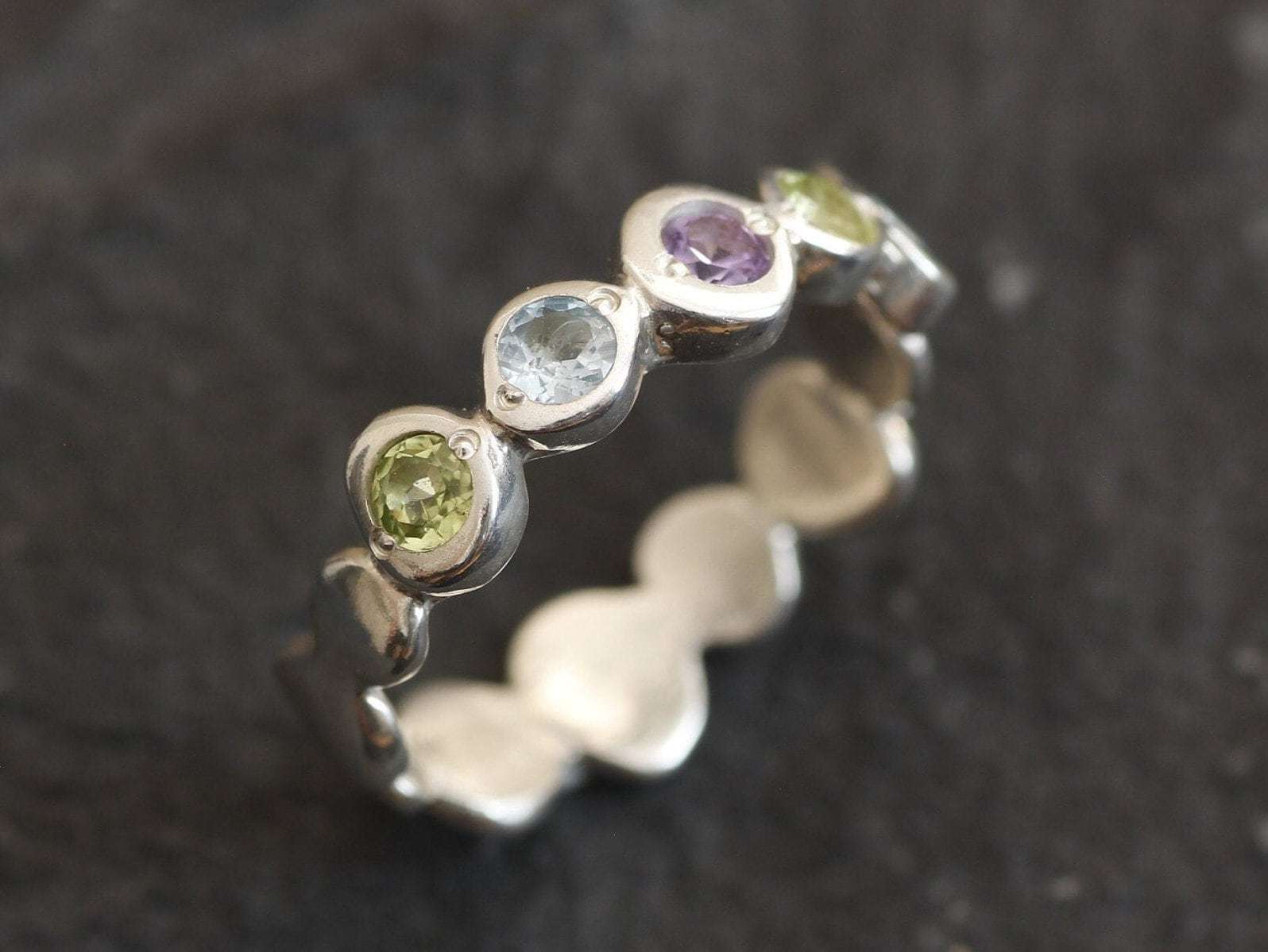 Bezel Band, Bubble Band, Topaz Ring, Birthstone Ring, Mothers Ring, Colorful Ring, Solid Silver Ring, Natural Blue Topaz, Amethyst, Peridot