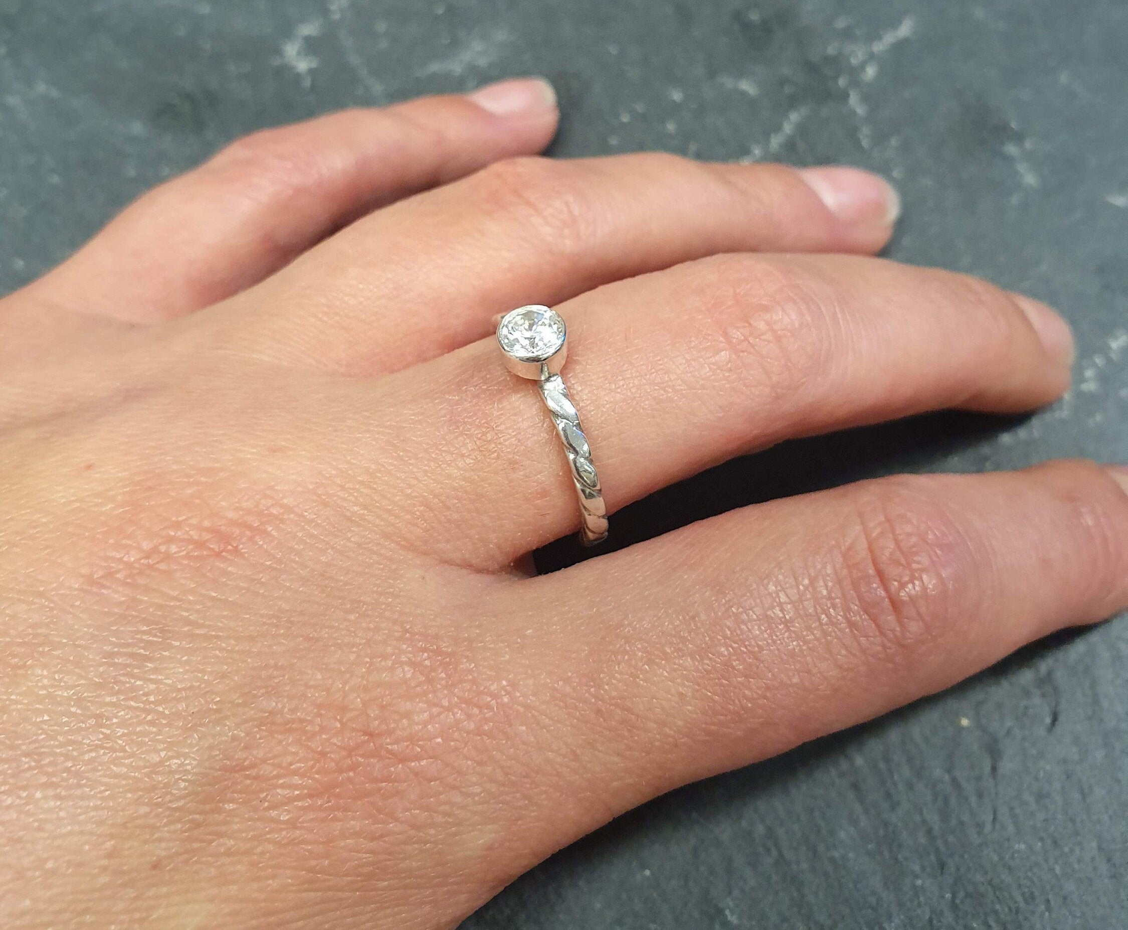 Solitaire Diamond Ring, Created CZ Diamond, Dainty Ring, Stackable Ring, Brilliant Ring, Soft Ring, Intertwined Rope Band, Solid Silver Ring