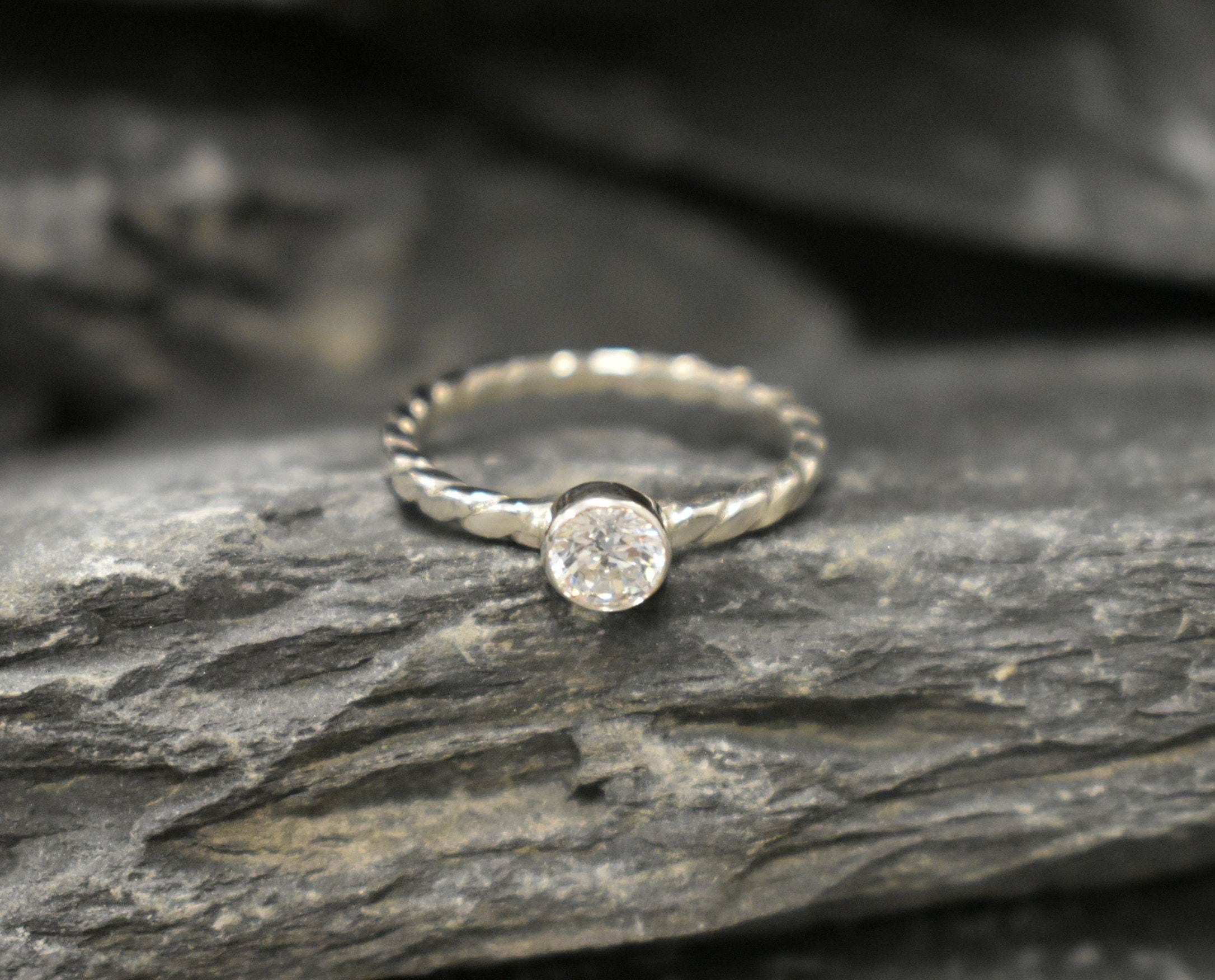 Solitaire Diamond Ring, Created CZ Diamond, Dainty Ring, Stackable Ring, Brilliant Ring, Soft Ring, Intertwined Rope Band, Solid Silver Ring