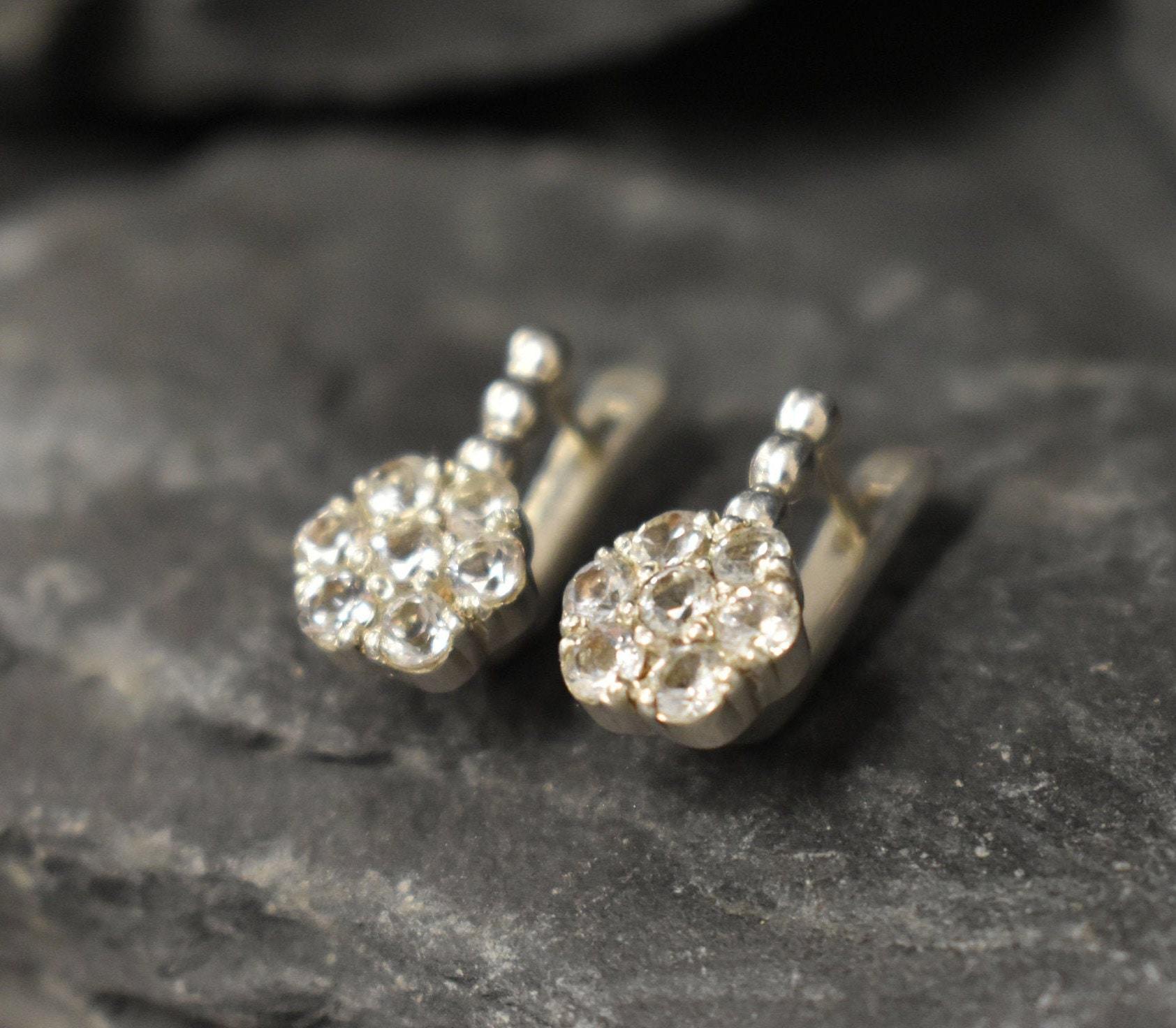 White Topaz Earrings, Natural White Topaz, December Birthstone, Flower Earrings, Topaz Earrings, White Diamond Studs, Solid Silver Earrings