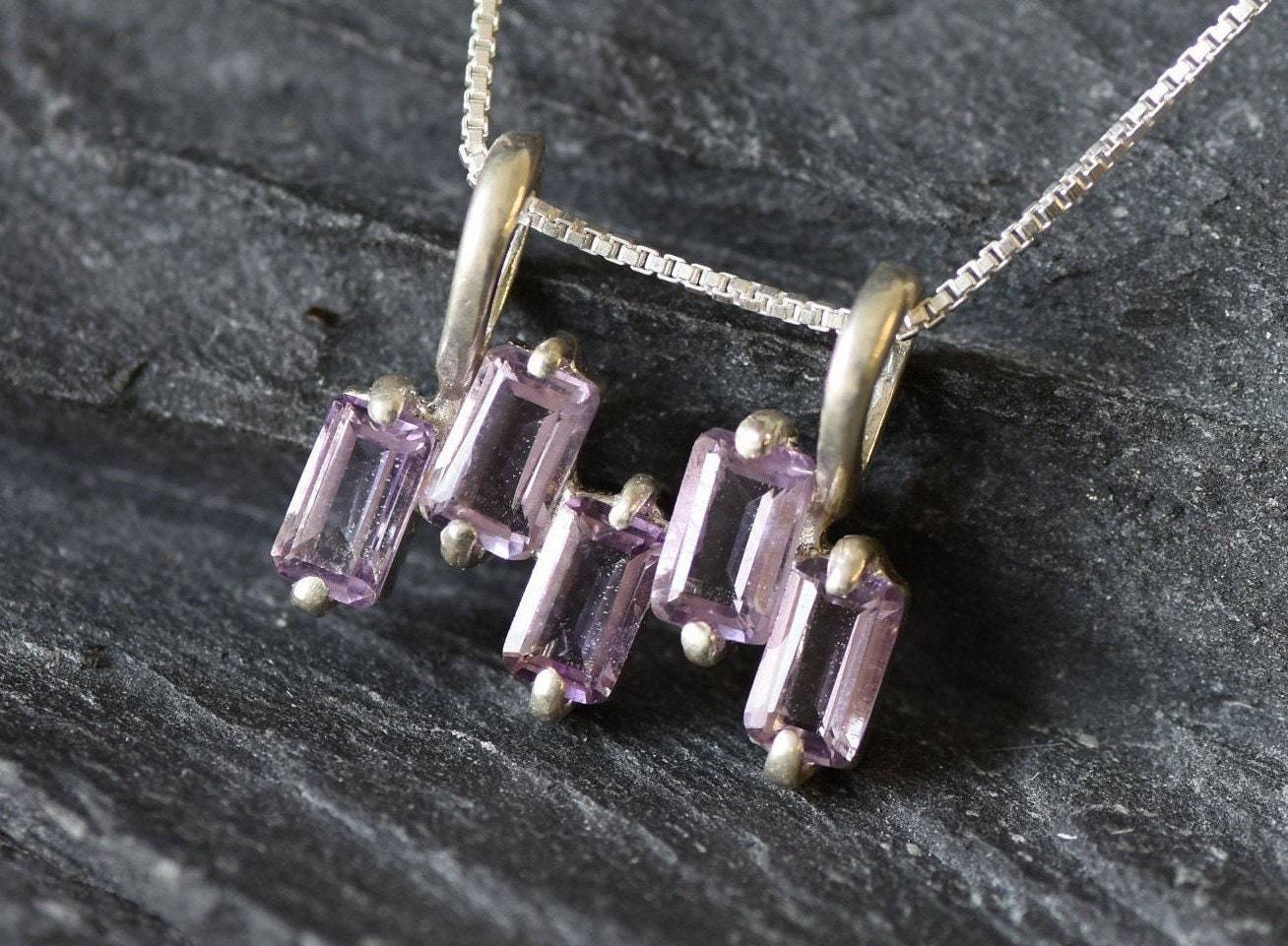 Amethyst Pendant, Natural Amethyst, February Birthstone, Purple Baguette Pendant, Emerald Cut Pendant, Asymmetric Pendant, Minimal Pendant