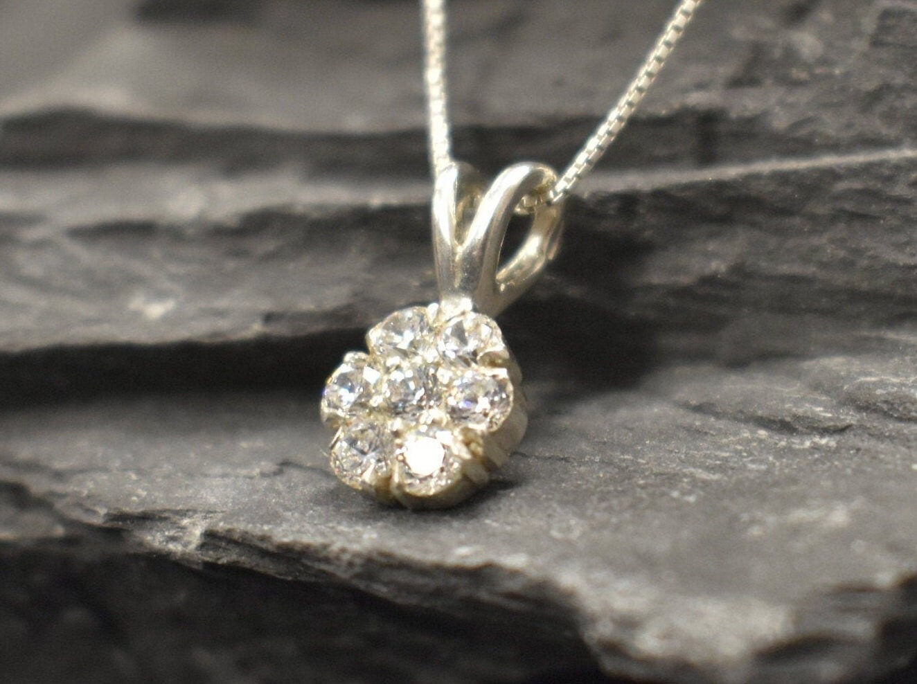 Diamond Pendant, Created Diamond, Flower Pendant, Sparkly Pendant, Vintage Pendant, Floral Necklace, White Pendant, Solid Silver Pendant