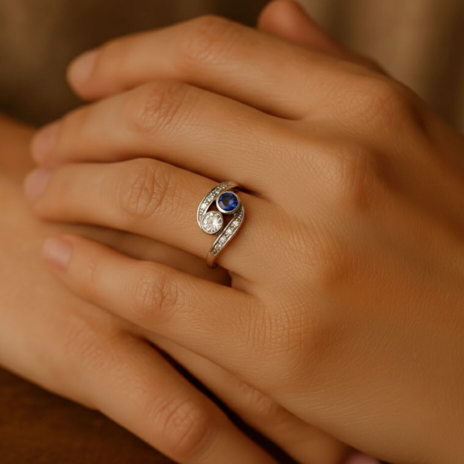 Sapphire Vintage Ring - Two Stone Ring - Moonstone Bypass Ring made in 925 Sterling Silver. Ideal for everyday wear and perfect for birthday gifting and special occasions.