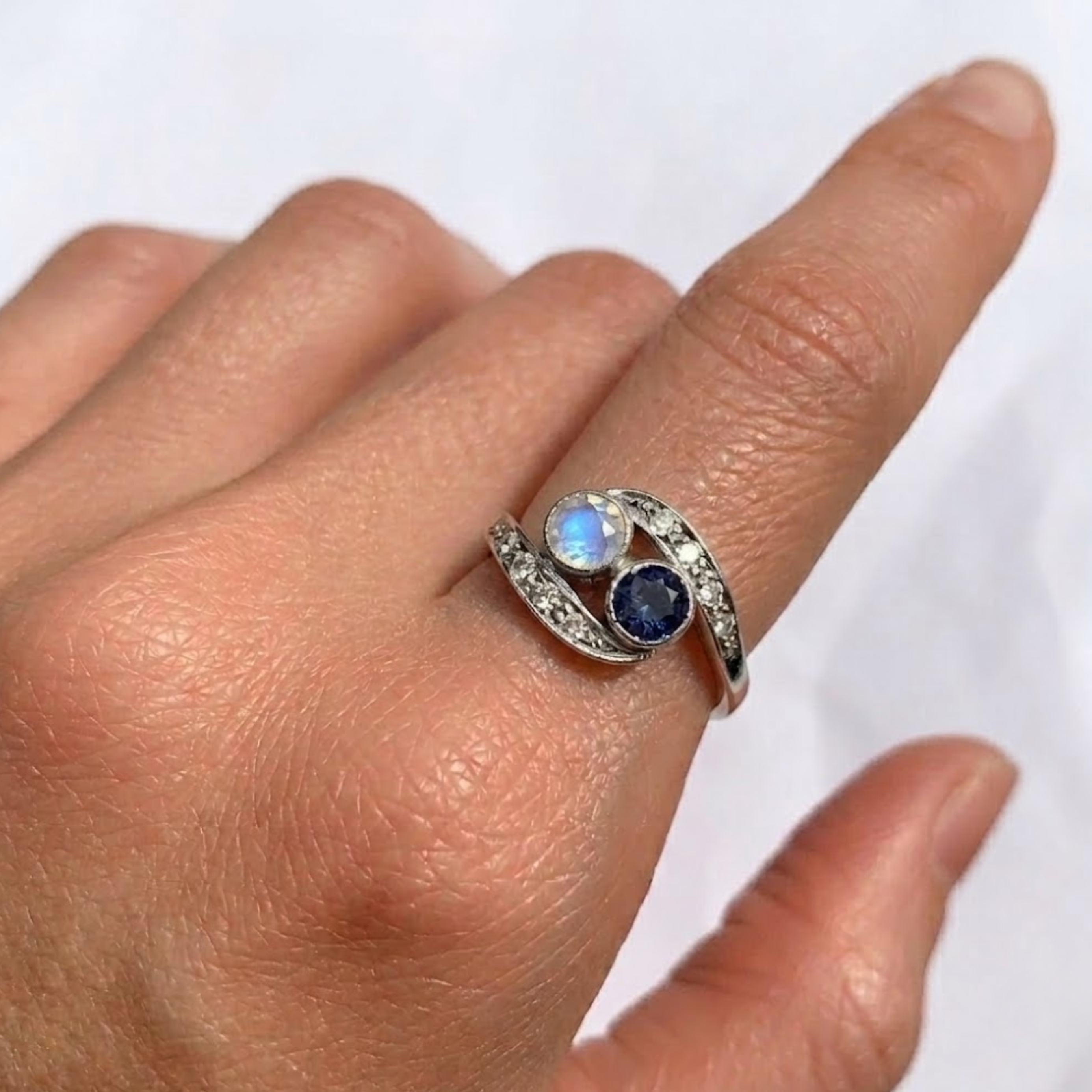 Sapphire Vintage Ring - Elegant Two Stone Bypass Design featuring Moonstone in 925 Sterling Silver, perfect for any occasion.