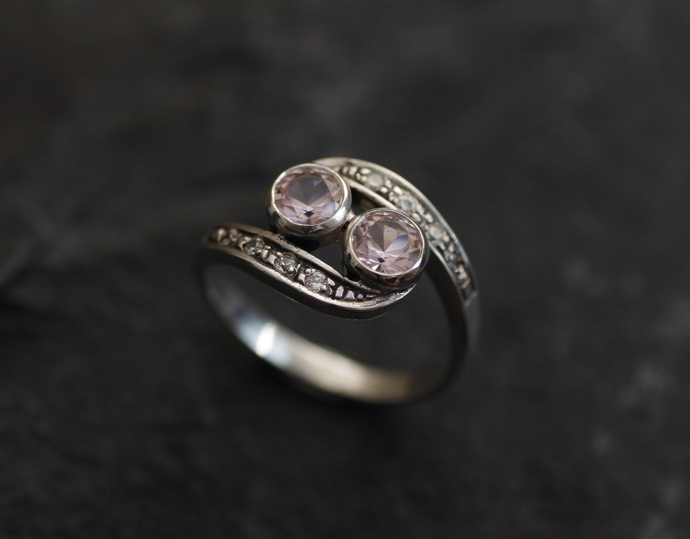 Bypass Morganite Ring, Created Morganite, Two Stone Ring, Vintage Ring, Bypass Band Ring, Pink Antique Ring, Boho Ring, Solid Silver Ring
