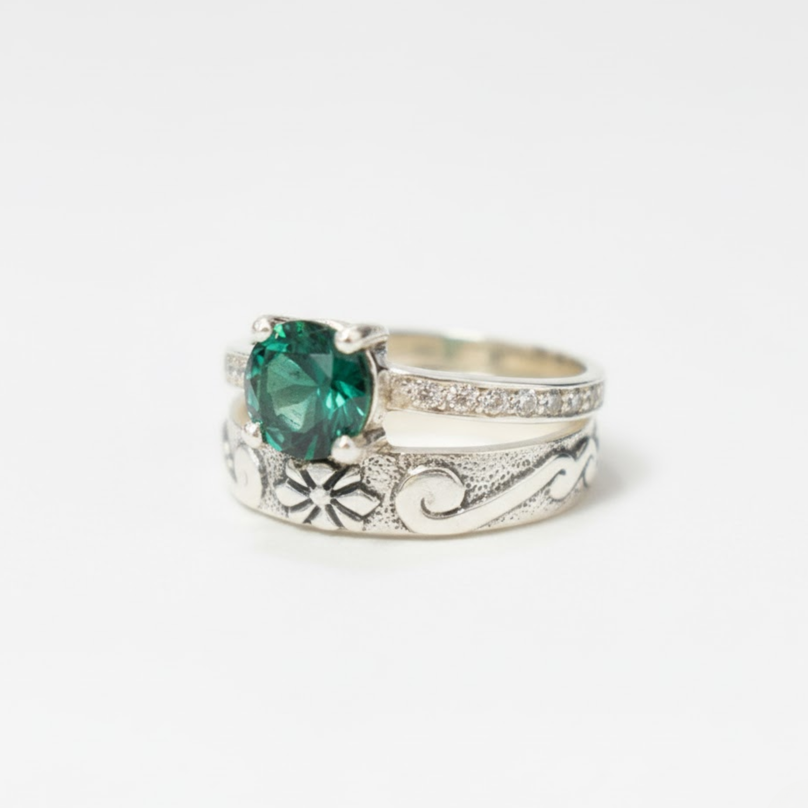Elegant created emerald ring in sterling silver, showcasing a round green gem, ideal for special occasions and May birthdays.