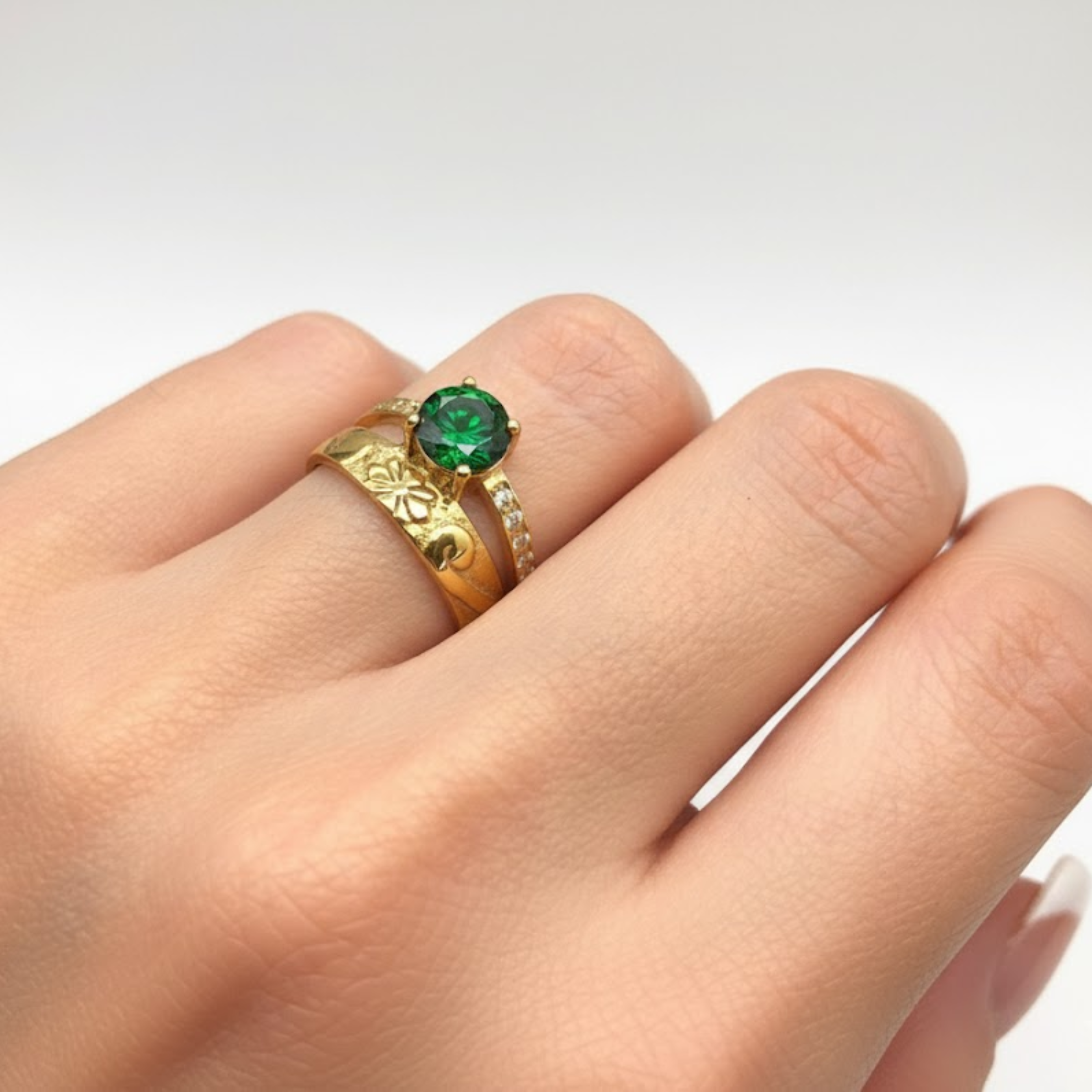 Elegant 18k Gold Vermeil ring featuring a stunning Created Green Emerald, perfect for May birthdays and everyday wear.