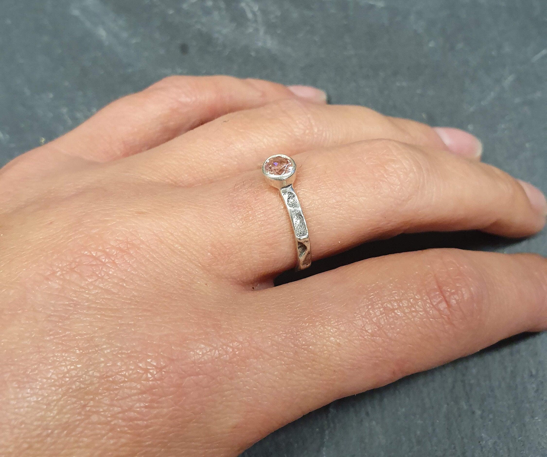 Pink Morganite Ring, Created Morganite, Hammered Band, Dainty Pink Ring, Solitaire Ring, Stackable Ring, Vintage Ring, Solid Silver Ring