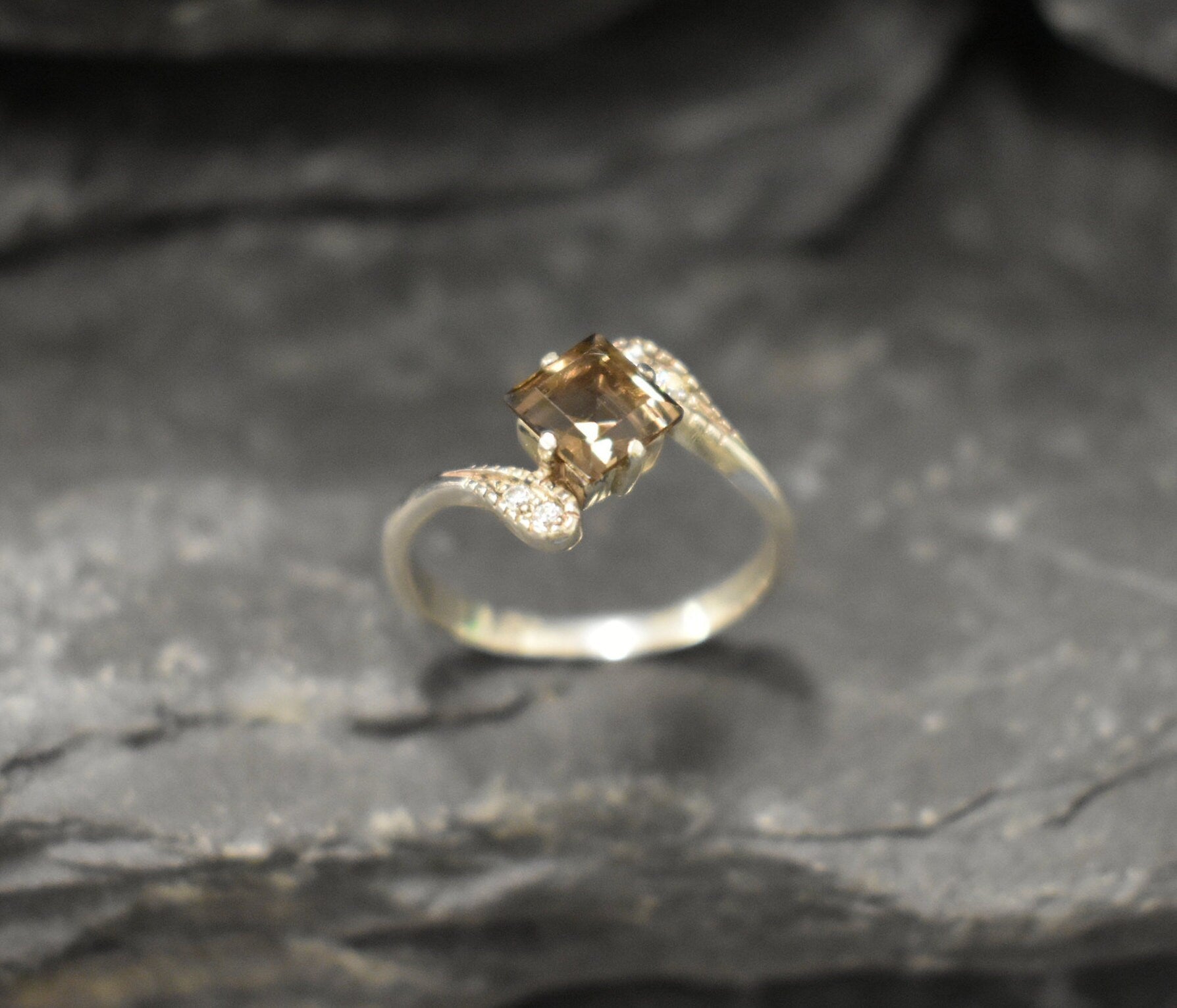 Square Ring, Natural Smoky Topaz, Antique Ring, Smoky Topaz Ring, Brown Vintage Ring, Engagement Ring, Dainty Ring, Sterling Silver Ring