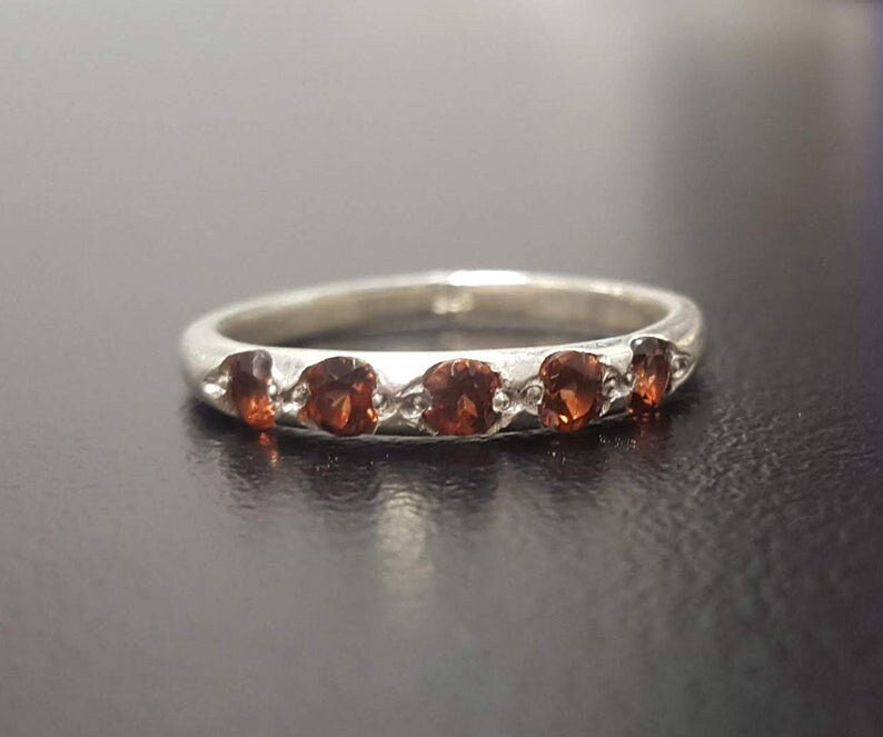 Gold Garnet Band, Natural Garnet, Stackable Ring, 5 Stone Band, January Birthstone, Red Garnet Ring, Gold Plated Ring, Simple Ring, Vermeil(2)