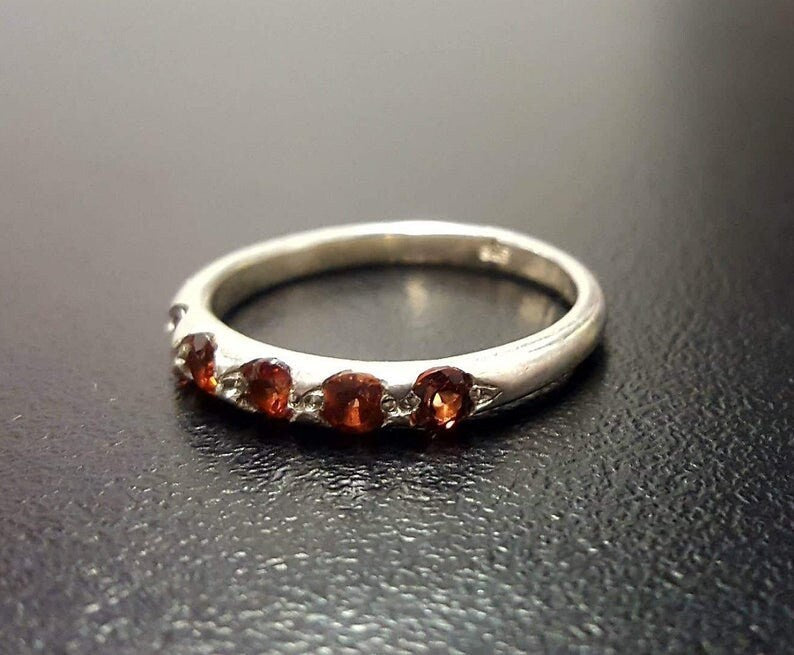 Gold Garnet Band, Natural Garnet, Stackable Ring, 5 Stone Band, January Birthstone, Red Garnet Ring, Gold Plated Ring, Simple Ring, Vermeil(2)