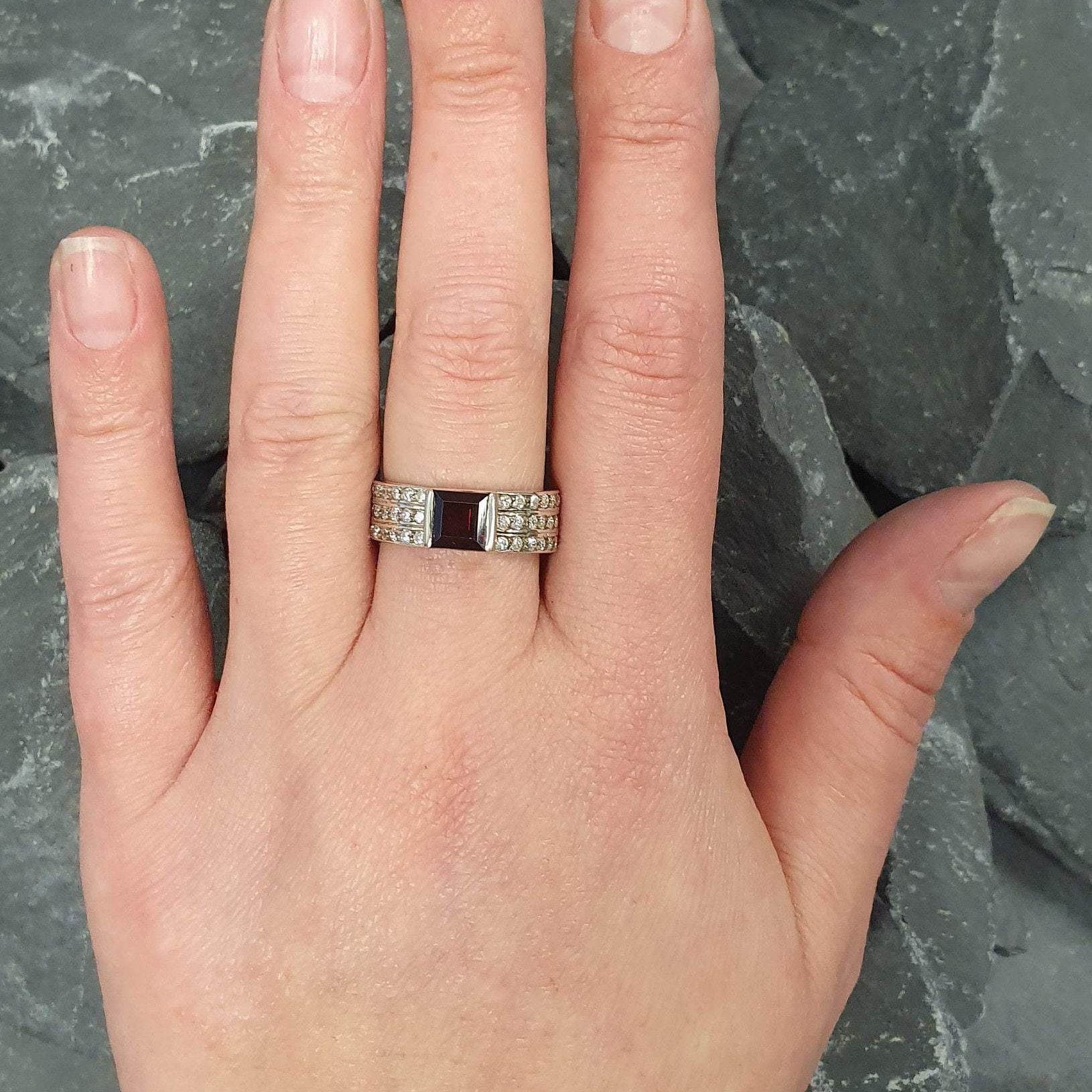 Garnet Ring, Natural Garnet, January Birthstone, Triple Band Ring, Square Ring, Thick Band, Red Diamond Ring, Wide Band, 925 Silver Ring