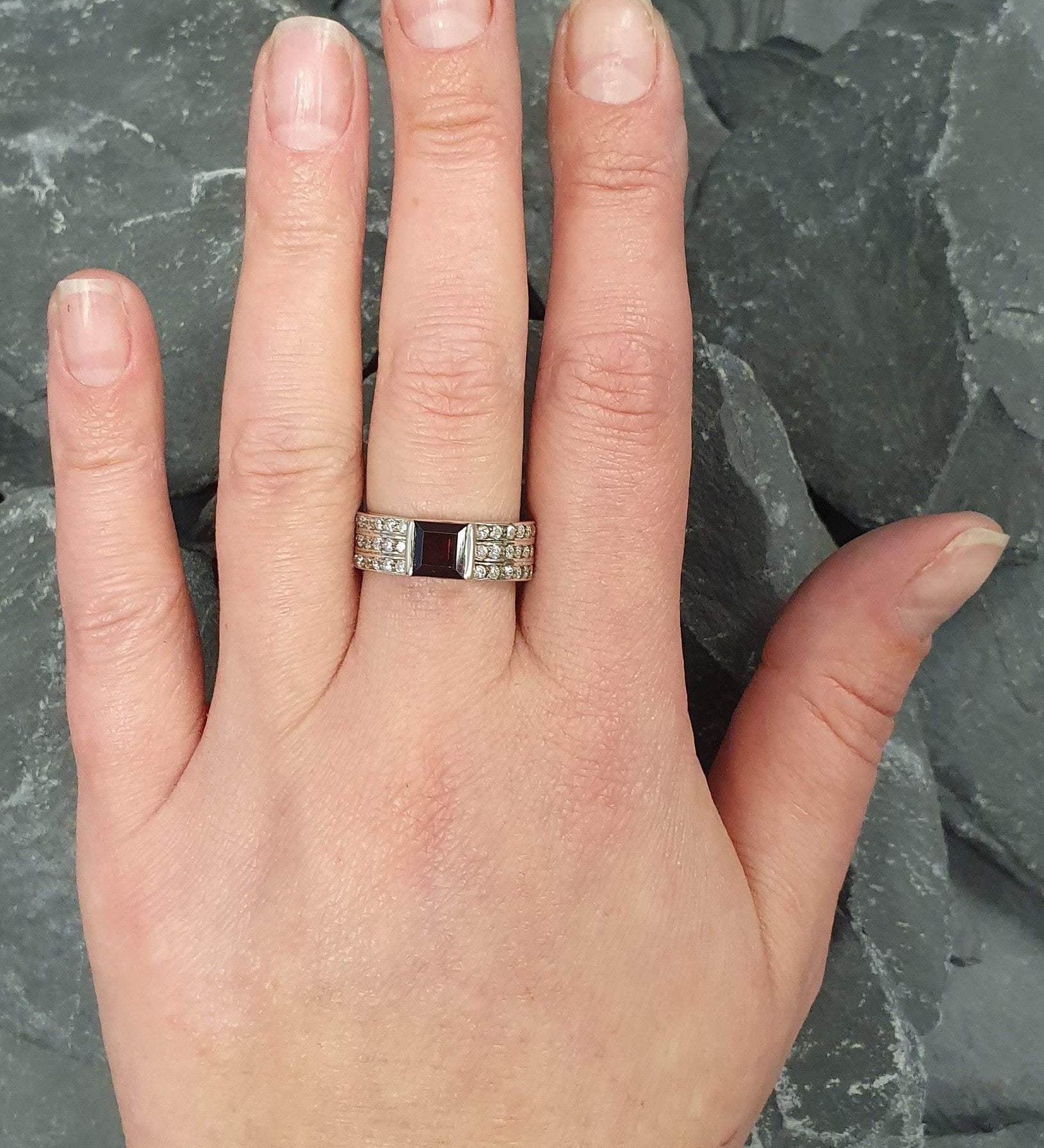 Garnet Ring, Natural Garnet, January Birthstone, Triple Band Ring, Square Ring, Thick Band, Red Diamond Ring, Wide Band, 925 Silver Ring