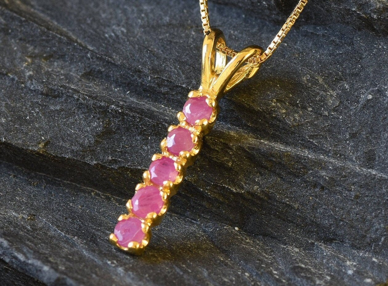 Natural Ruby Pendant in 18k Gold Vermeil, channel-set ruby, perfect for July birthdays and special occasions.