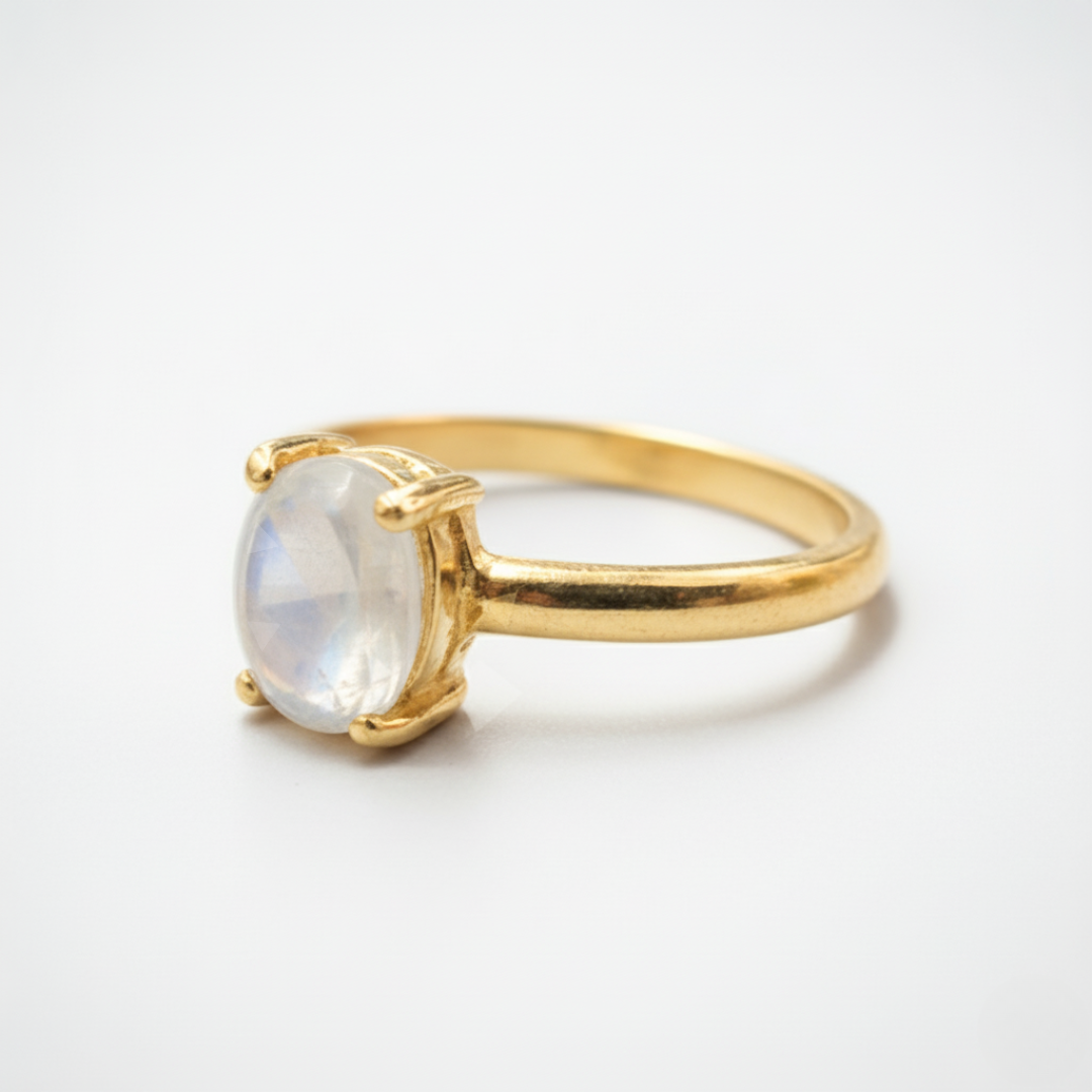 Elegant 18k Gold Vermeil Moonstone Ring featuring a radiant oval gemstone, perfect for birthdays and special occasions.