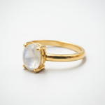 Elegant 18k Gold Vermeil Moonstone Ring featuring a radiant oval gemstone, perfect for birthdays and special occasions.