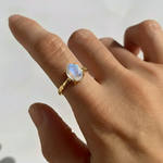 Natural Moonstone Ring in 18k Gold Vermeil, Oval Rainbow Moonstone, symbolizes hope and healing, perfect for daily wear and gifting.