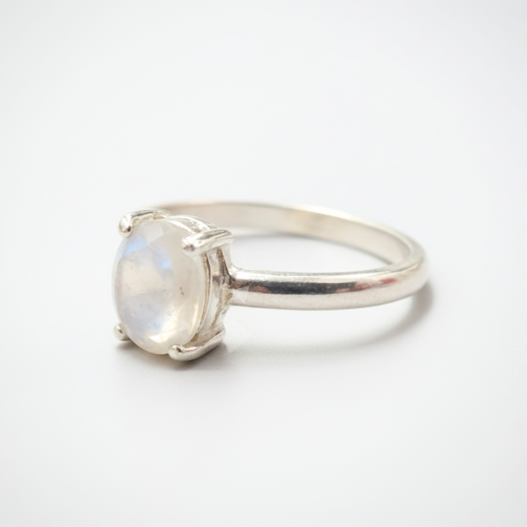 Chic 925 Sterling Silver ring with an oval Natural Rainbow Moonstone, a beautiful gift symbolizing hope for birthdays and more.