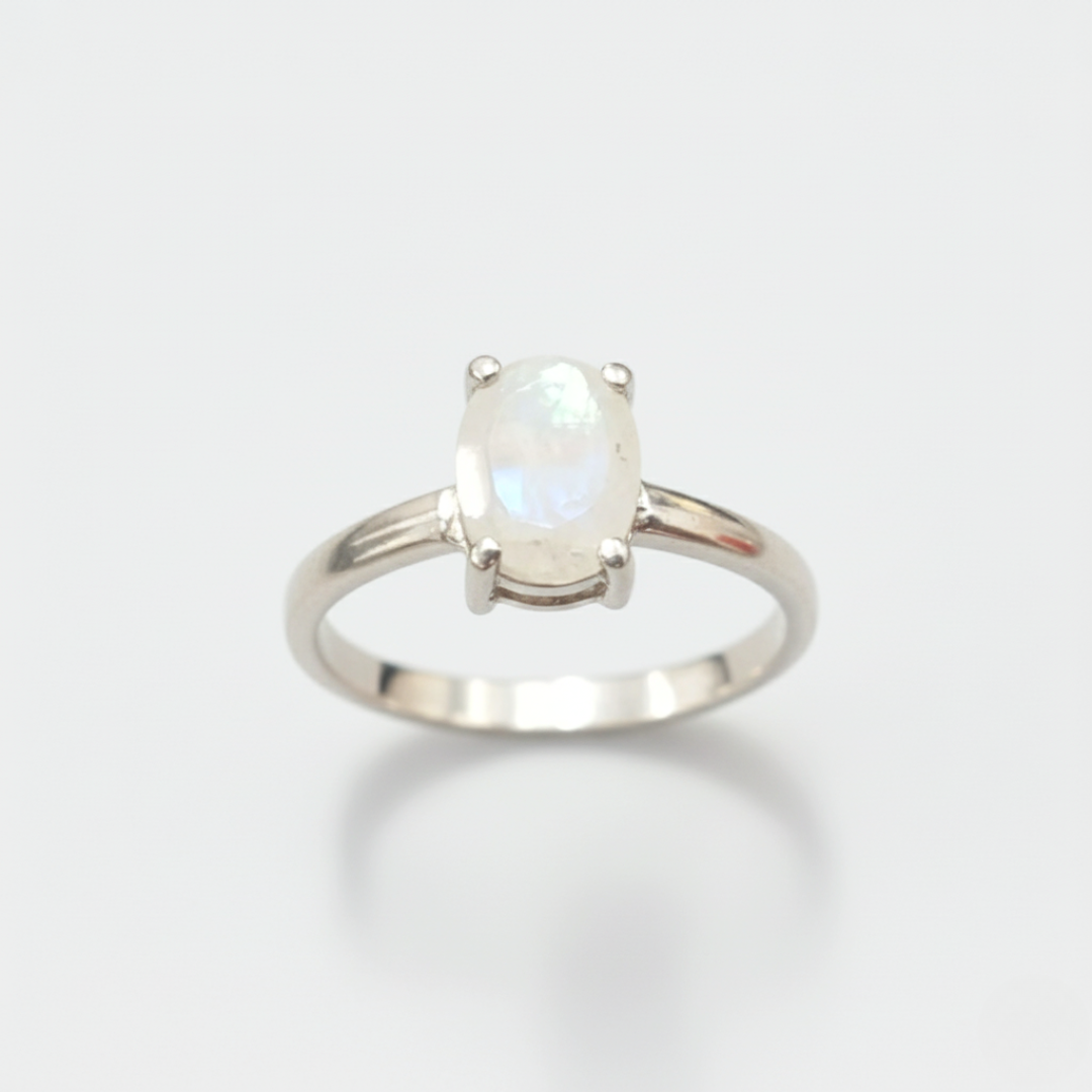 Natural Moonstone Ring made in 925 Sterling Silver with Oval Natural Rainbow Moonstone in Prong setting, June Birthstone gift idea, symbolizes hope, healing, and protection, ideal for everyday wear and perfect for birthday gifting and special occasions.