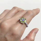 Green Flower Ring - Natural Peridot Bubble Band, Purple Green Ring