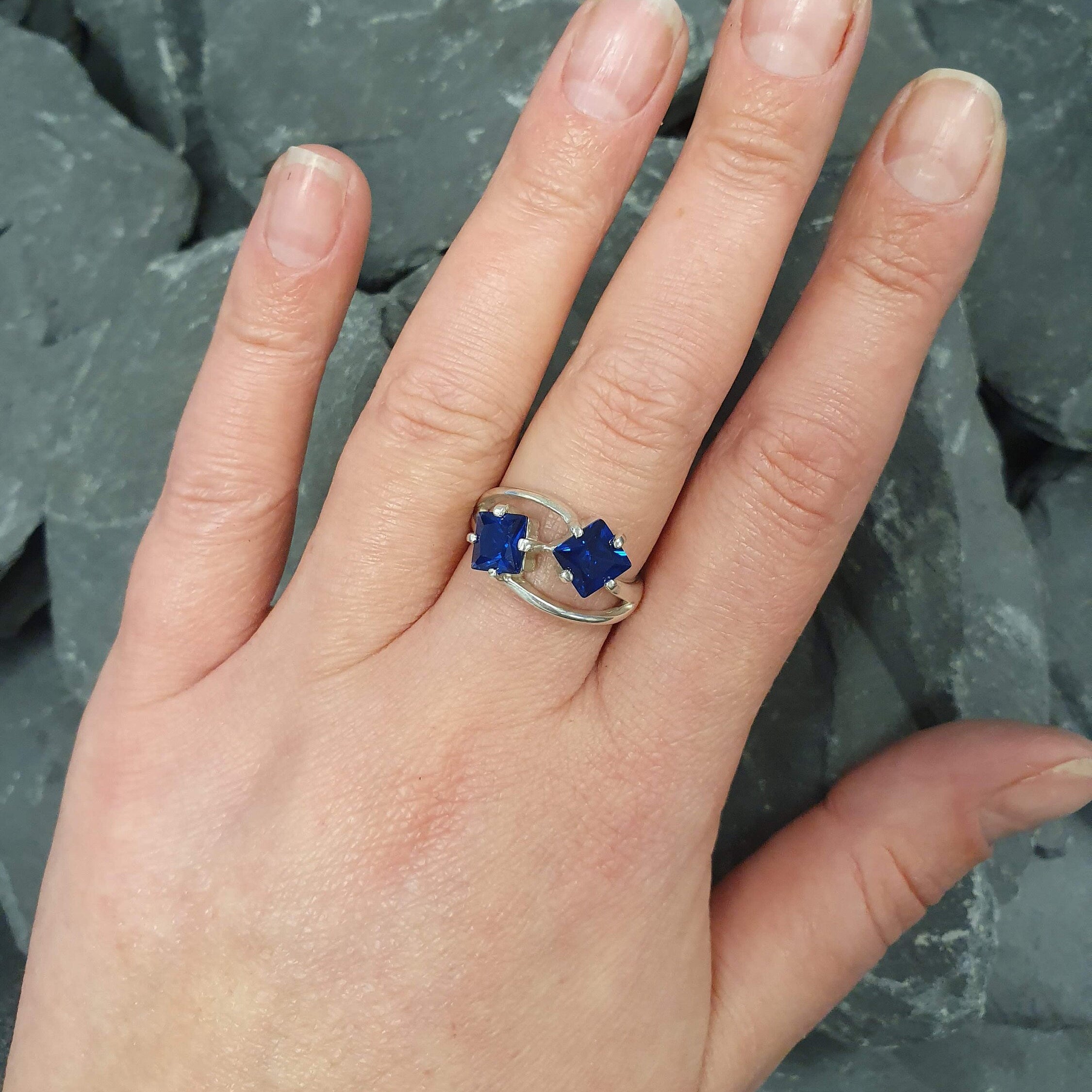 925 Sterling Silver Created Sapphire Ring with Square Blue Sapphire, perfect for September birthdays and special occasions.