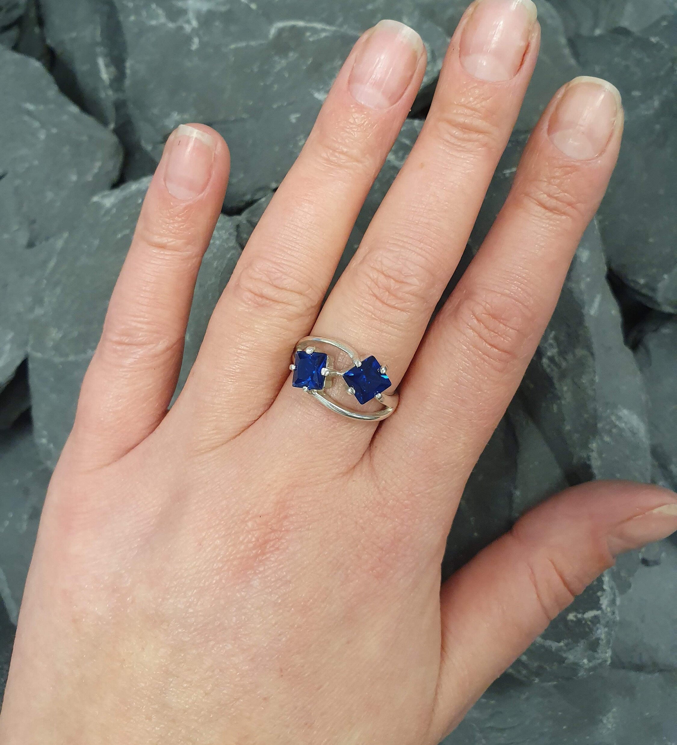 925 Sterling Silver Created Sapphire Ring with Square Blue Sapphire, perfect for September birthdays and special occasions.