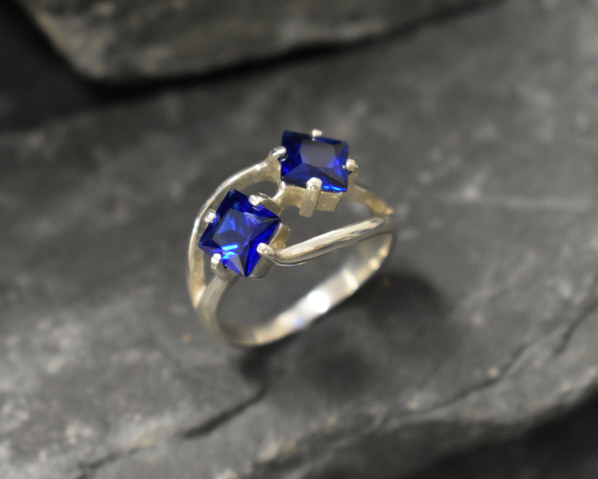 Created Sapphire Ring made in 925 Sterling Silver with Square Created Blue Sapphire in Two-Stone setting, September Birthstone gift idea, symbolizes sincerity, truth, and faithfulness, ideal for everyday wear and perfect for birthday gifting and special occasions.