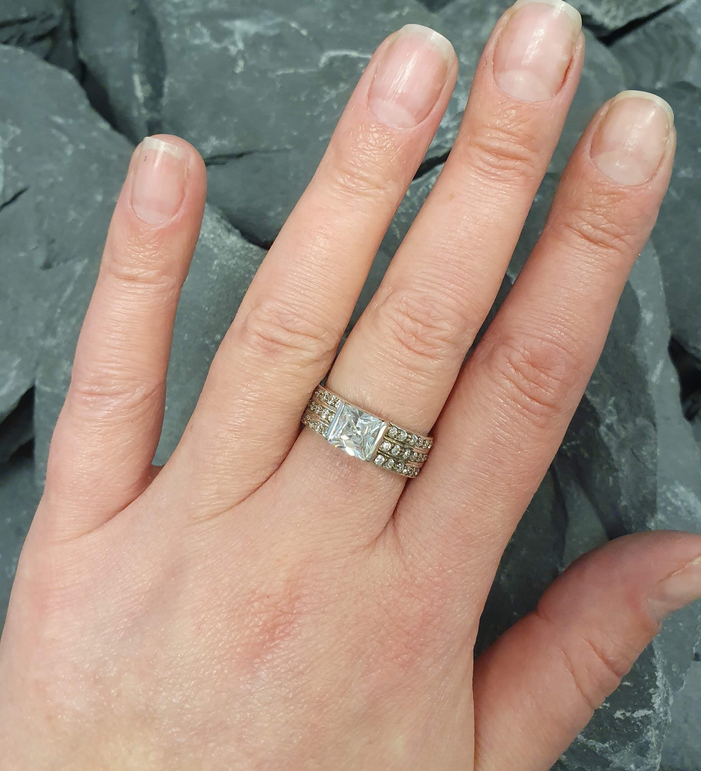 Diamond Square Ring, Created CZ Diamond, Thick Triple Band, Vintage Band, Sparkly Ring, Wide Thick Ring, Sturdy Band, Sterling Silver Ring