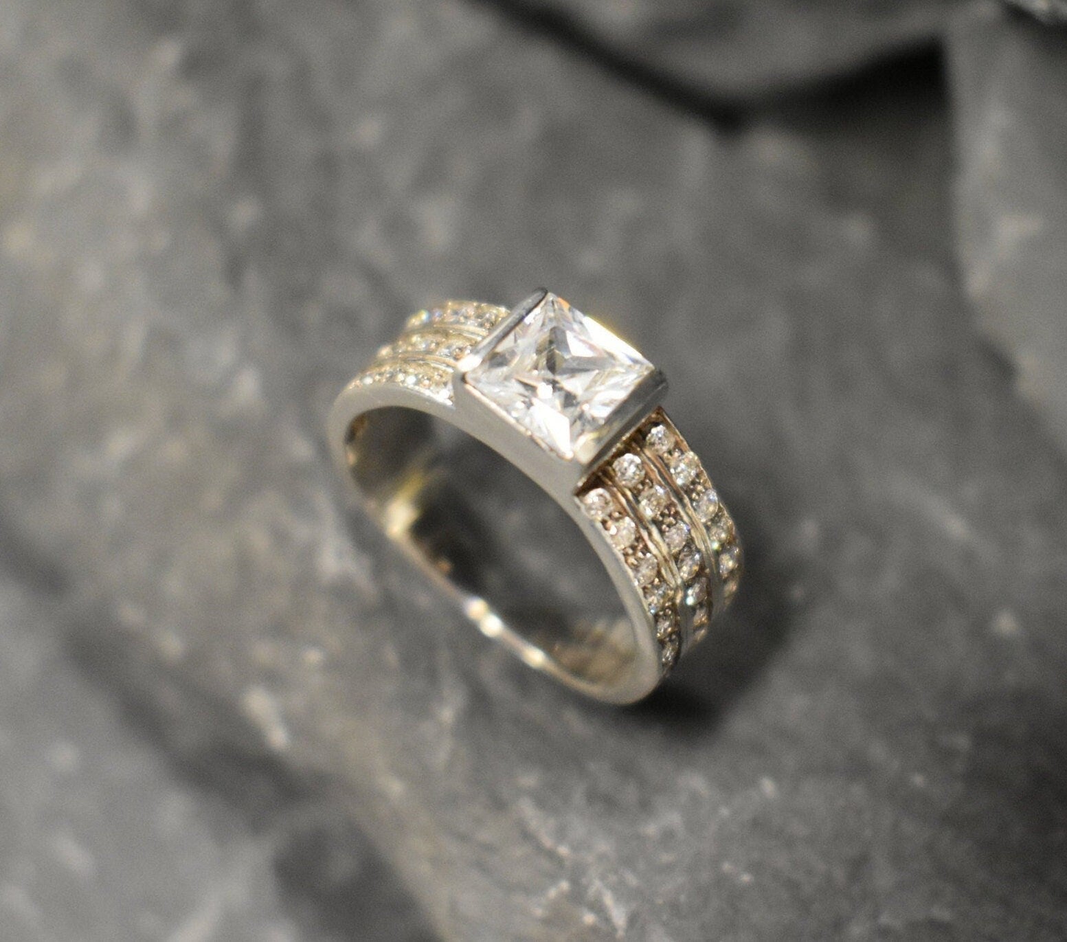 Diamond Square Ring, Created CZ Diamond, Thick Triple Band, Vintage Band, Sparkly Ring, Wide Thick Ring, Sturdy Band, Sterling Silver Ring