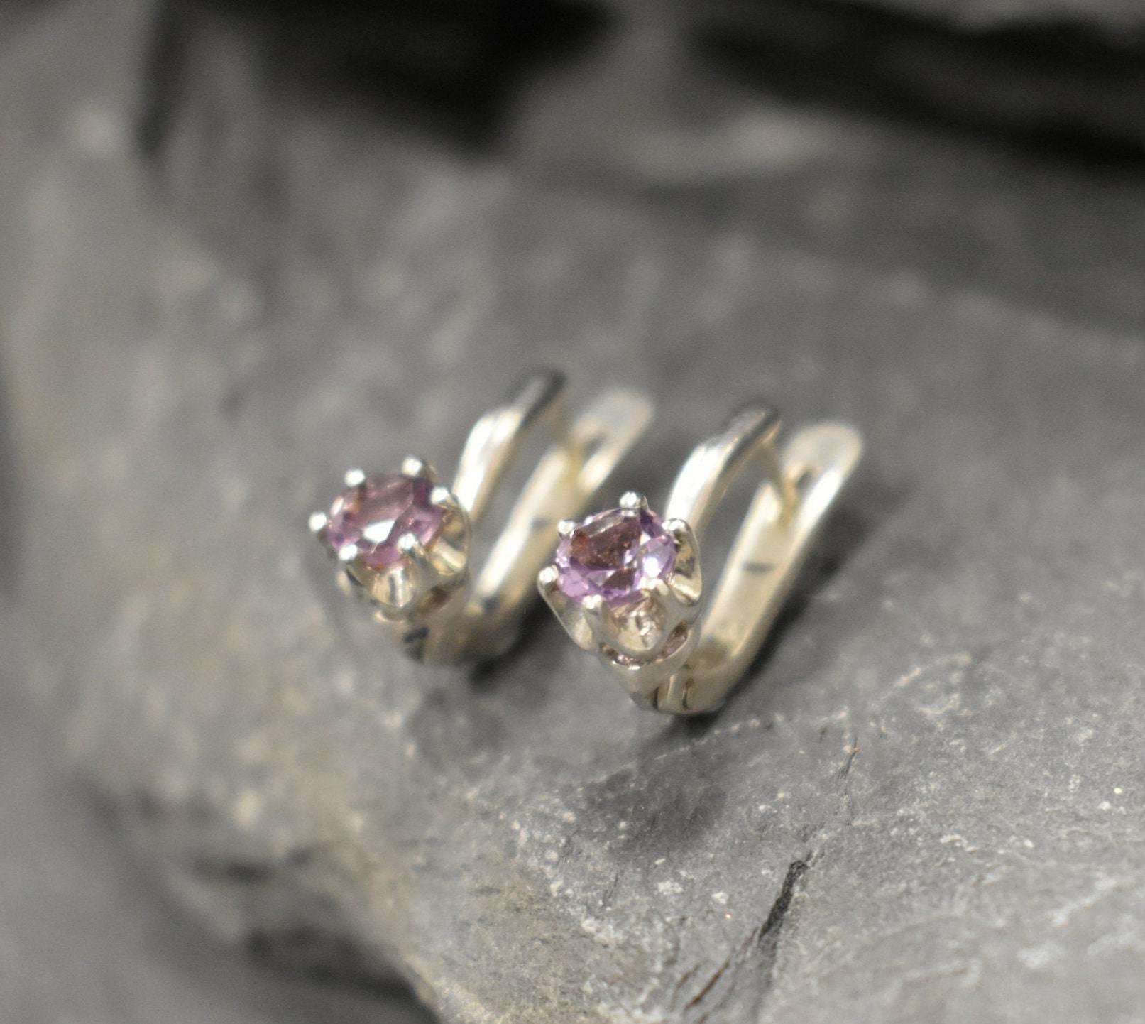 Amethyst Earrings, Natural Amethyst, February Birthstone, Dainty Purple Studs, Purple Diamond Studs, Vintage Earrings, Solid Silver Earings