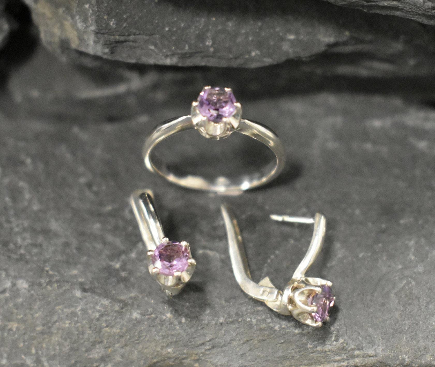 Amethyst Earrings, Natural Amethyst, February Birthstone, Dainty Purple Studs, Purple Diamond Studs, Vintage Earrings, Solid Silver Earings