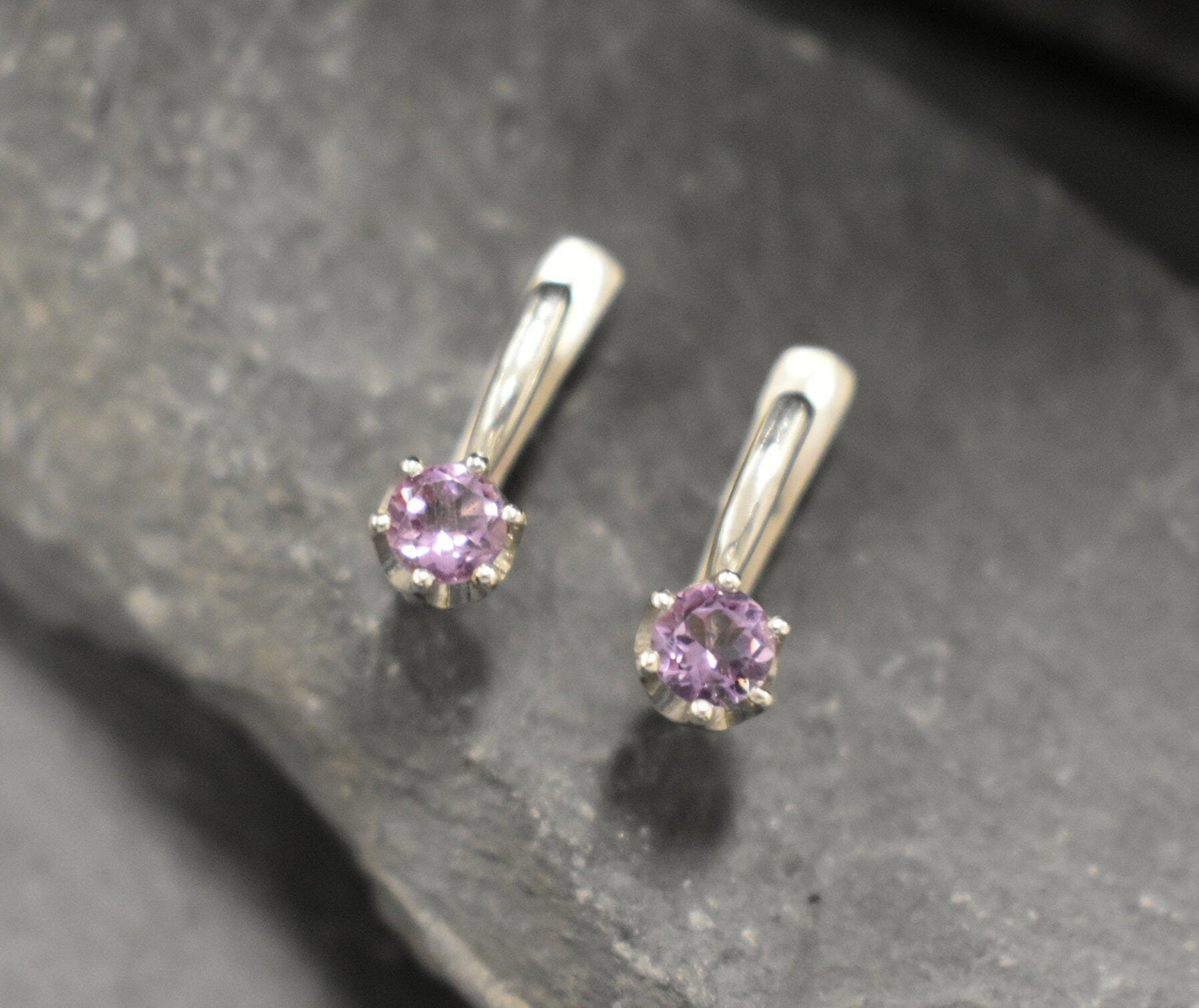 Amethyst Earrings, Natural Amethyst, February Birthstone, Dainty Purple Studs, Purple Diamond Studs, Vintage Earrings, Solid Silver Earings