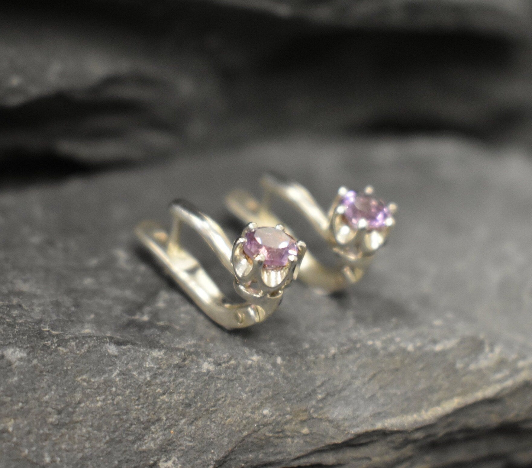 Amethyst Earrings, Natural Amethyst, February Birthstone, Dainty Purple Studs, Purple Diamond Studs, Vintage Earrings, Solid Silver Earings