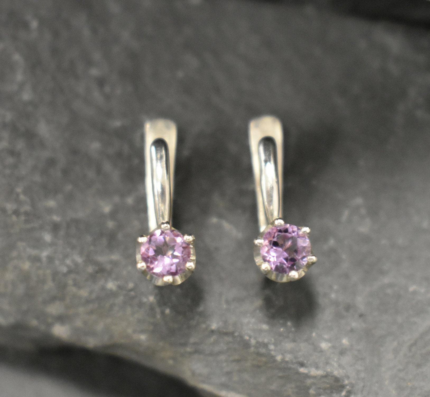 Amethyst Earrings, Natural Amethyst, February Birthstone, Dainty Purple Studs, Purple Diamond Studs, Vintage Earrings, Solid Silver Earings