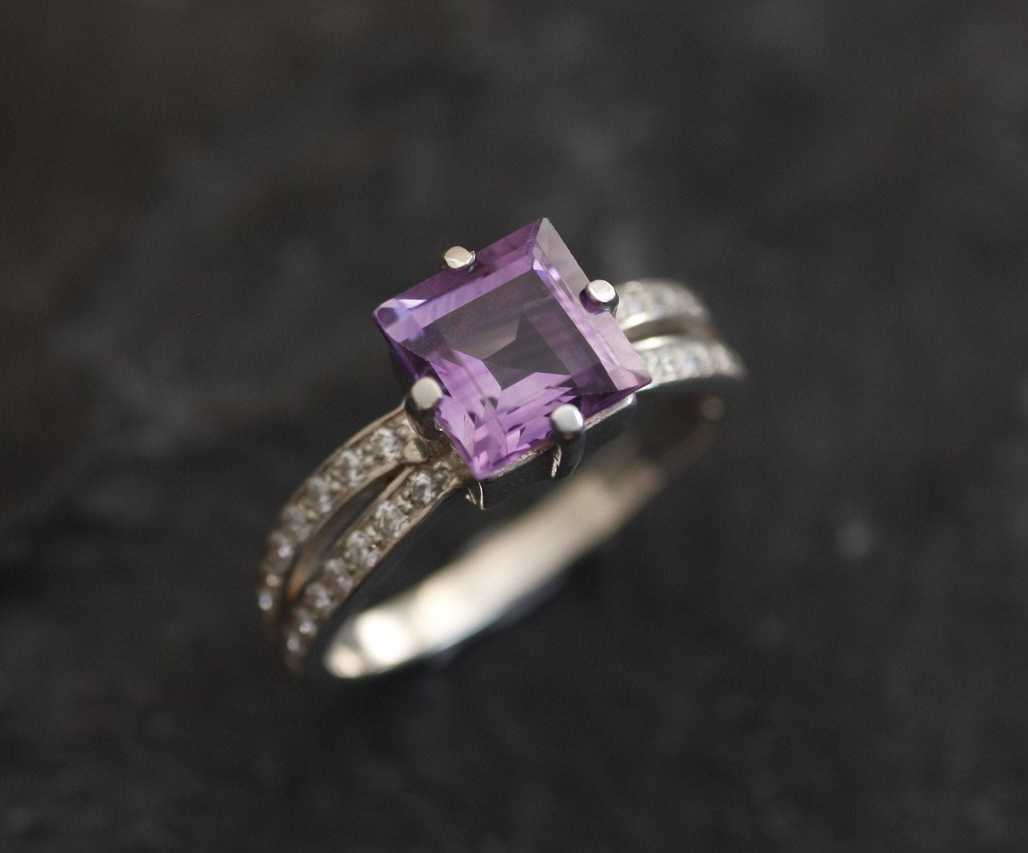 Square Amethyst Ring, Natural Amethyst, Princess Cut Ring, Antique Ring, February Birthstone, Vintage Ring, Purple Ring, Solid Silver Ring
