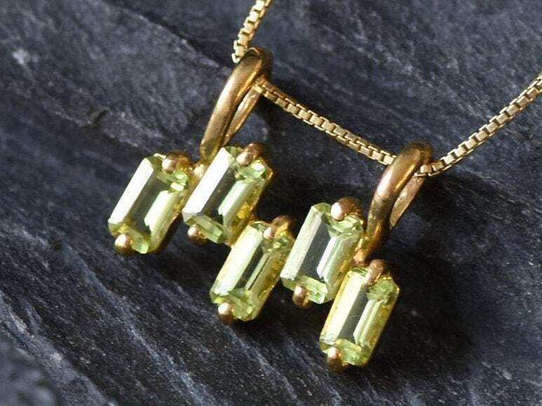 Gold Peridot Pendant, Horizontal Pendant, Natural Peridot, August Birthstone, Baguette Necklace, Green Pendant, Gold Plated Pendant, Vermeil